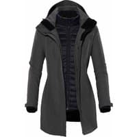 Charcoal twill women's jacket with detachable hood, inner quilted lining, and adjustable cuffs.