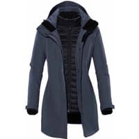 Navy twill women's jacket with detachable inner layer, hood, and zippered front by Stormtech.