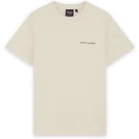 Beige Lyle & Scott T-shirt with small black script logo on the chest, short sleeves, and crew neckline.