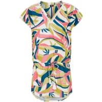 Colorful tunic dress with abstract leaf pattern, short sleeves, V-neck, and waist tie.