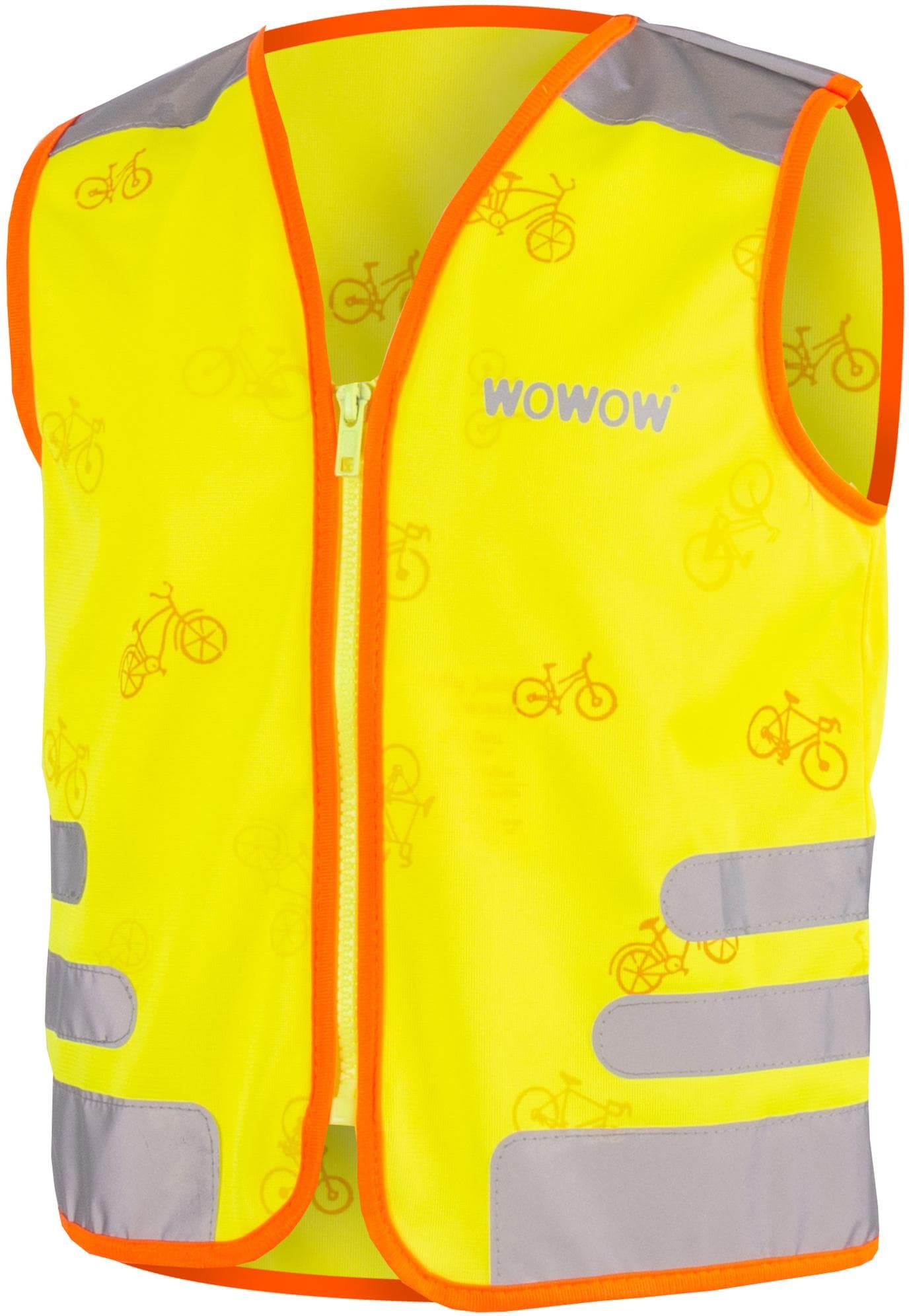 Fluo yellow kids safety vest with orange trim, reflective gray stripes, and bicycle pattern by WOWOW.