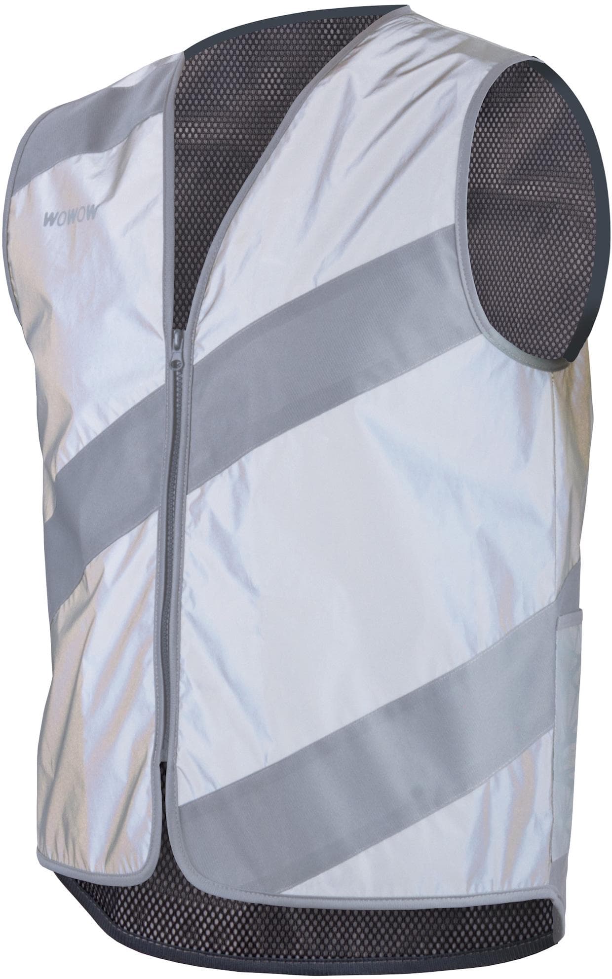 Reflective silver vest with diagonal gray stripes, black mesh sides, and front zipper, "WOWOW" logo on chest.