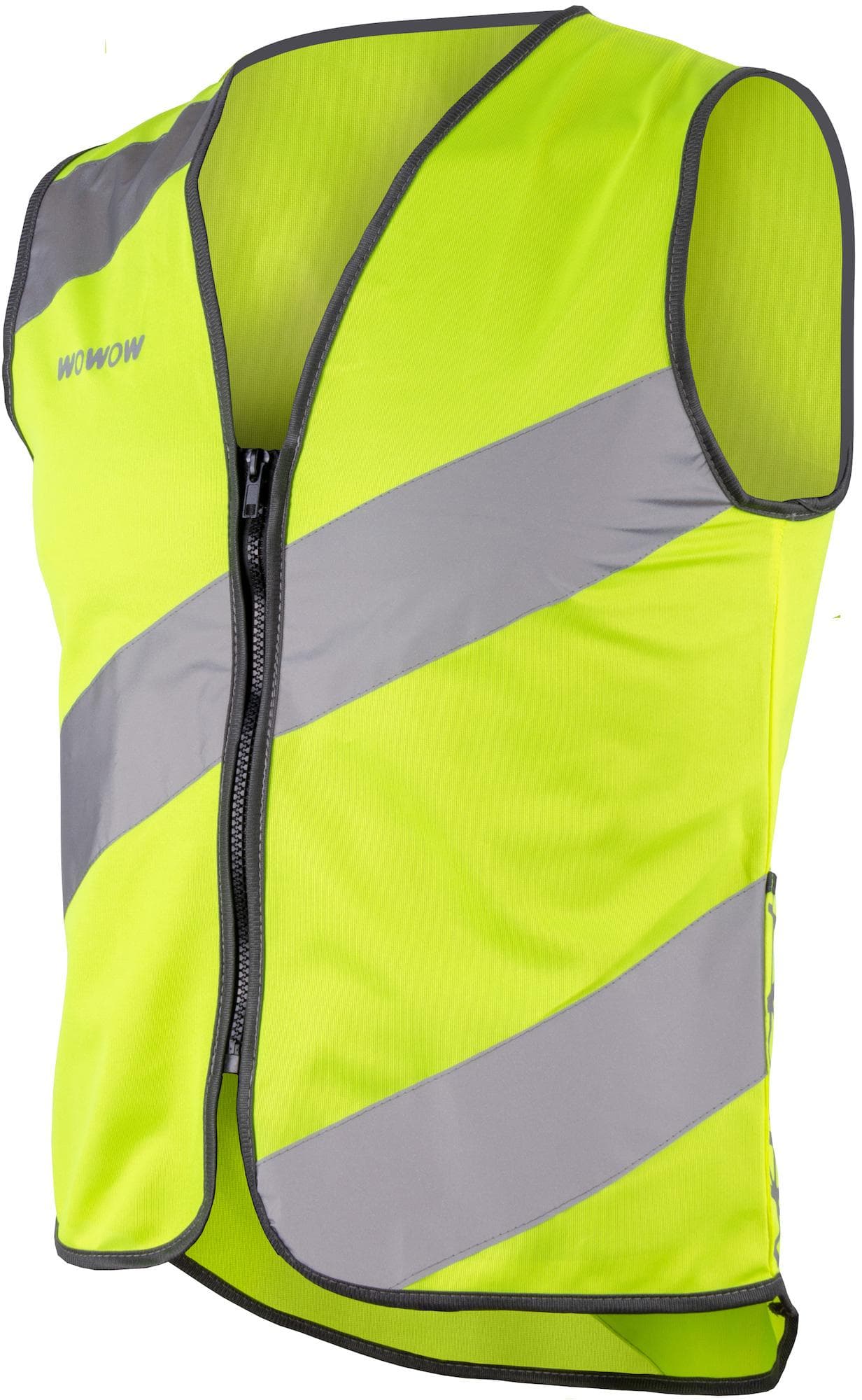 Fluo yellow WOWOW Roadie Safety Vest XL with reflective gray stripes and front zipper.