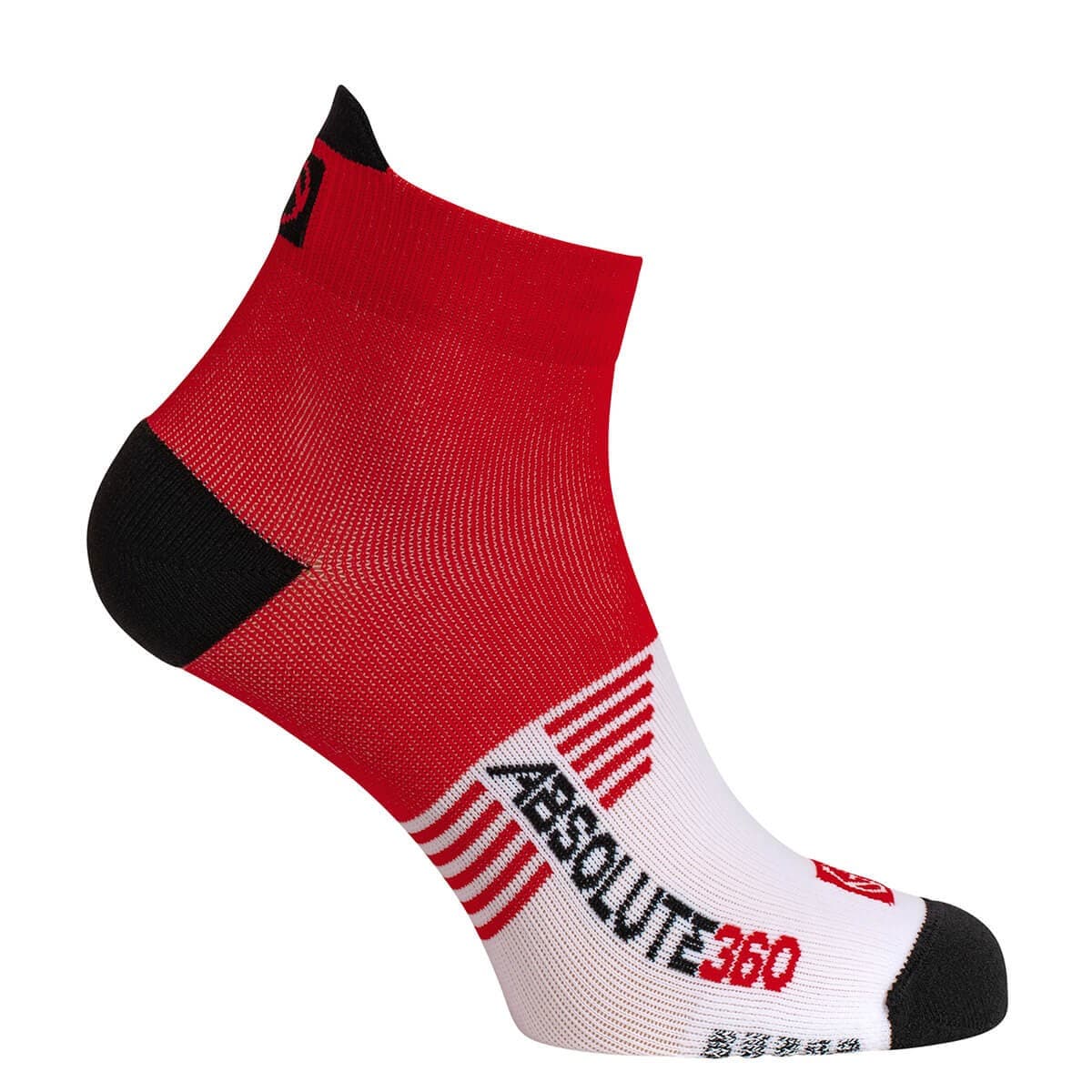 Red and white ankle running socks with a snug fit, featuring a black heel and toe, and the Absolute360 logo prominently displayed.