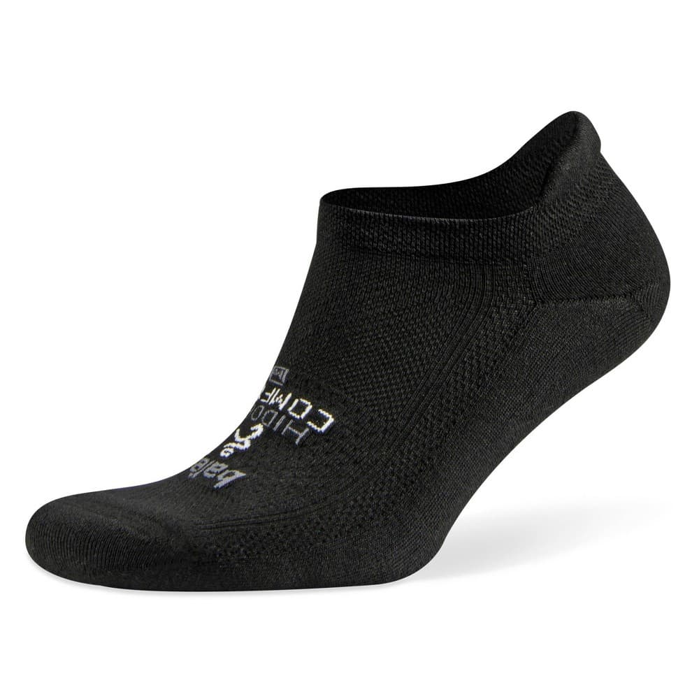 Black ankle running sock made of soft, breathable material, featuring a snug fit and minimalistic design with "Balega" branding on the side.