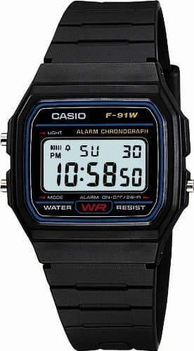 Black digital watch with a rectangular face, LED light, alarm chronograph, water resistance, and a black resin strap, displaying the time 10:58:50.