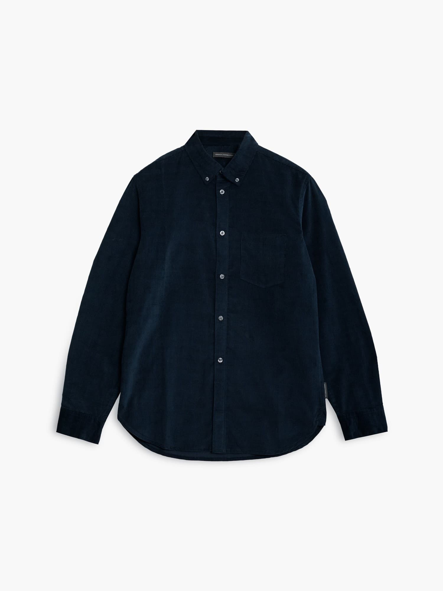 Navy cord long sleeve shirt featuring a button-down collar, single chest pocket, and a relaxed fit, made from soft, textured corduroy material.