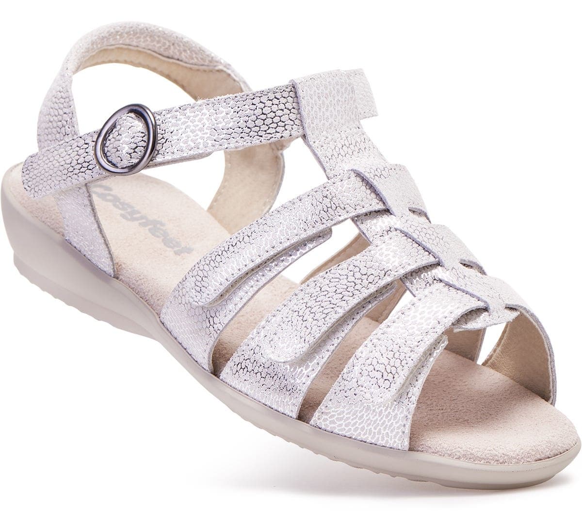 Silver extra wide sandals with a textured upper, featuring adjustable straps, a cushioned insole, and a lightweight sole, designed for comfort and support for swollen feet.