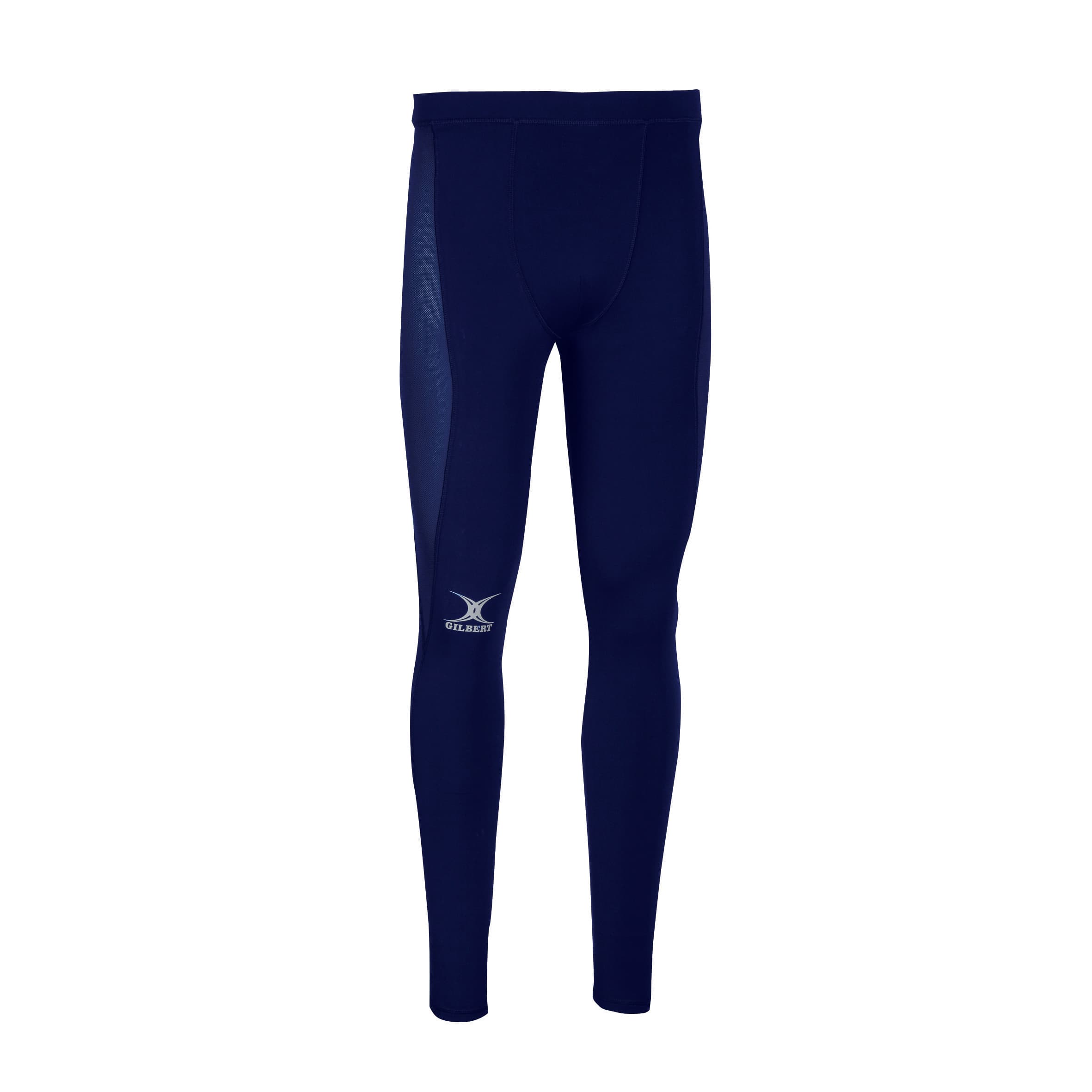 Black men's baselayer leggings by Gilbert Rugby, featuring a snug fit, smooth material, and the Gilbert logo on the lower leg.