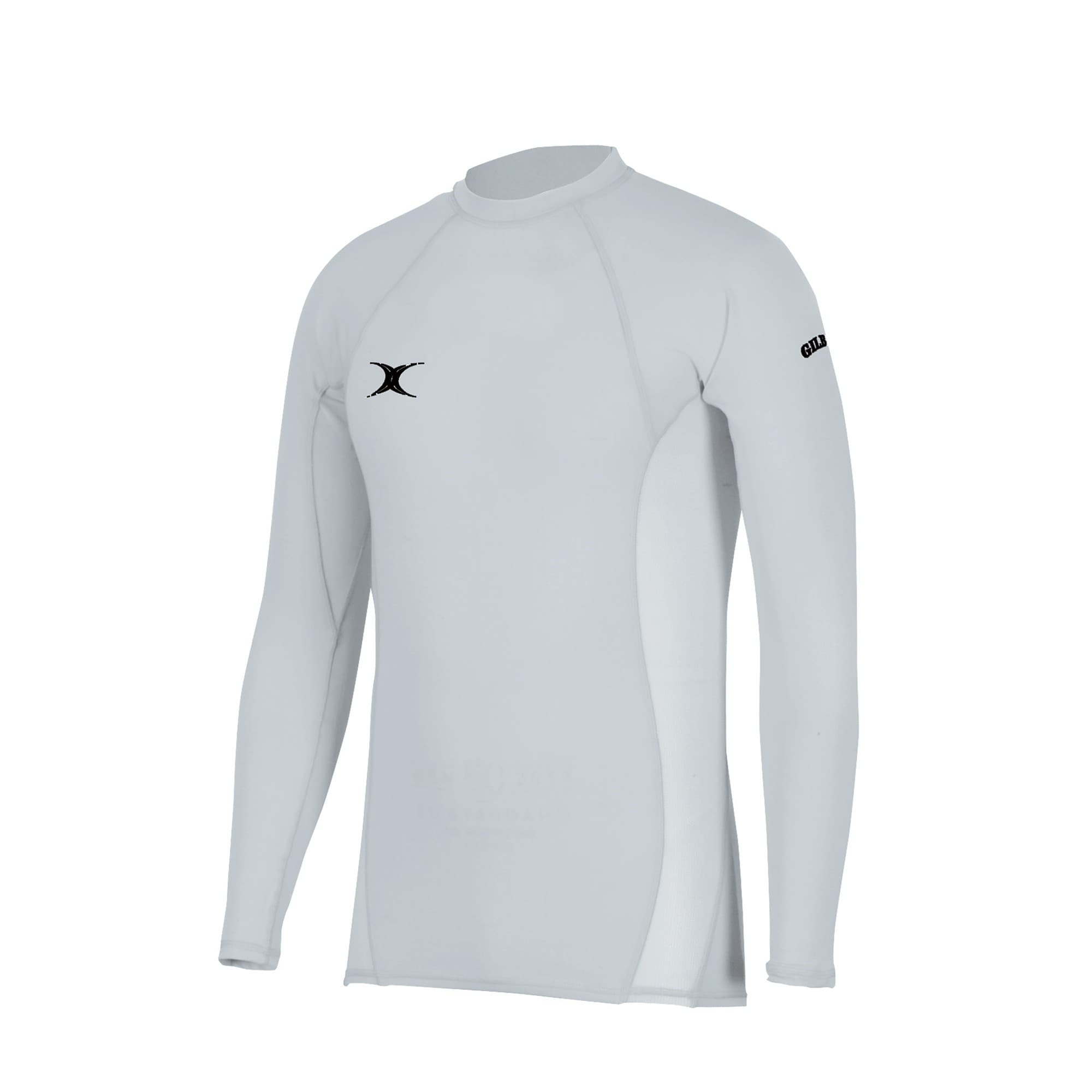 Black long-sleeve baselayer top for men by Gilbert Rugby, featuring a sleek design, stretchable material, and a logo on the chest and sleeve for added style.