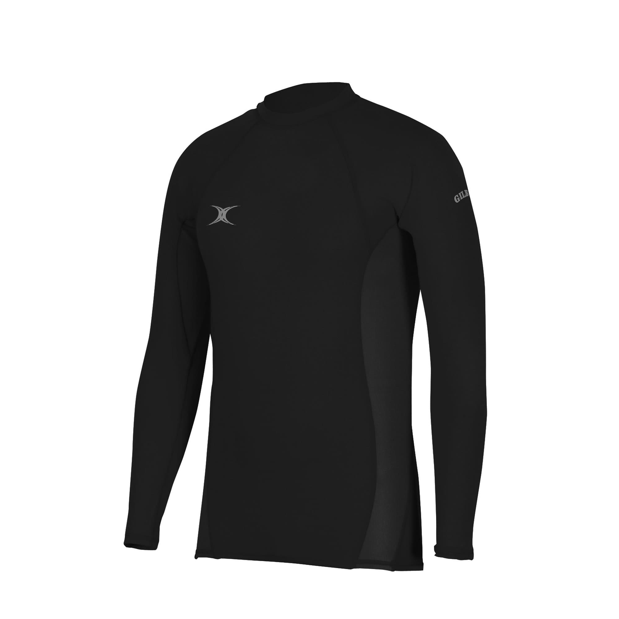 Black long-sleeve baselayer top for men by Gilbert Rugby, featuring a sleek design, stretch material, and a subtle logo on the chest and sleeve.