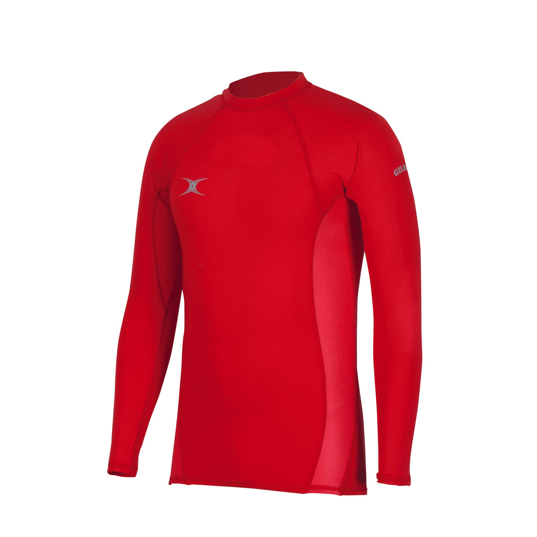 Black long-sleeve baselayer top for men by Gilbert Rugby, featuring a fitted design and moisture-wicking fabric, ideal for athletic performance.