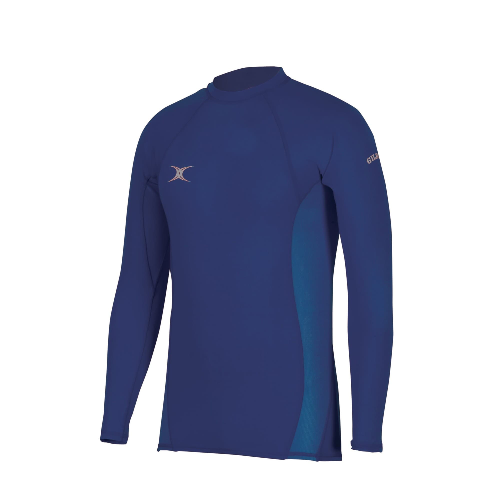 Black long-sleeve baselayer top for men by Gilbert Rugby, featuring a fitted design, stretchy material, and contrasting side panels for enhanced mobility.