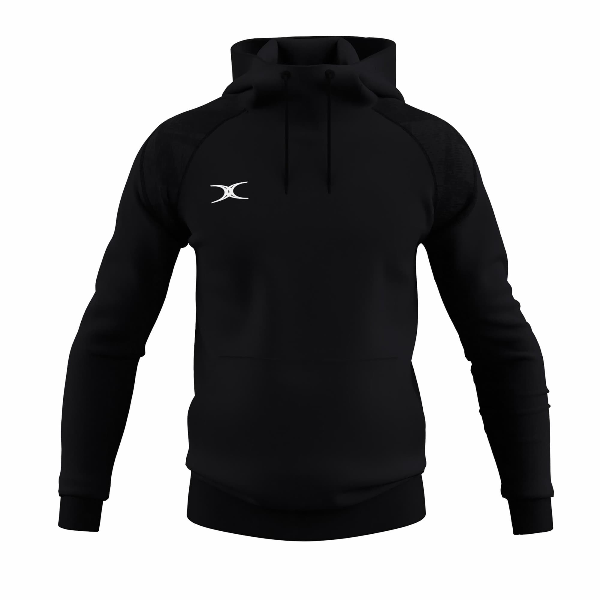 Black Gilbert Rugby GTS hoodie for men featuring a sleek design, raglan sleeves, and a logo on the chest, made from comfortable material suitable for sports and casual wear.