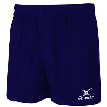 Black rugby match shorts by Gilbert Rugby, featuring an elastic waistband and the Gilbert logo on the lower left side, designed for senior players.