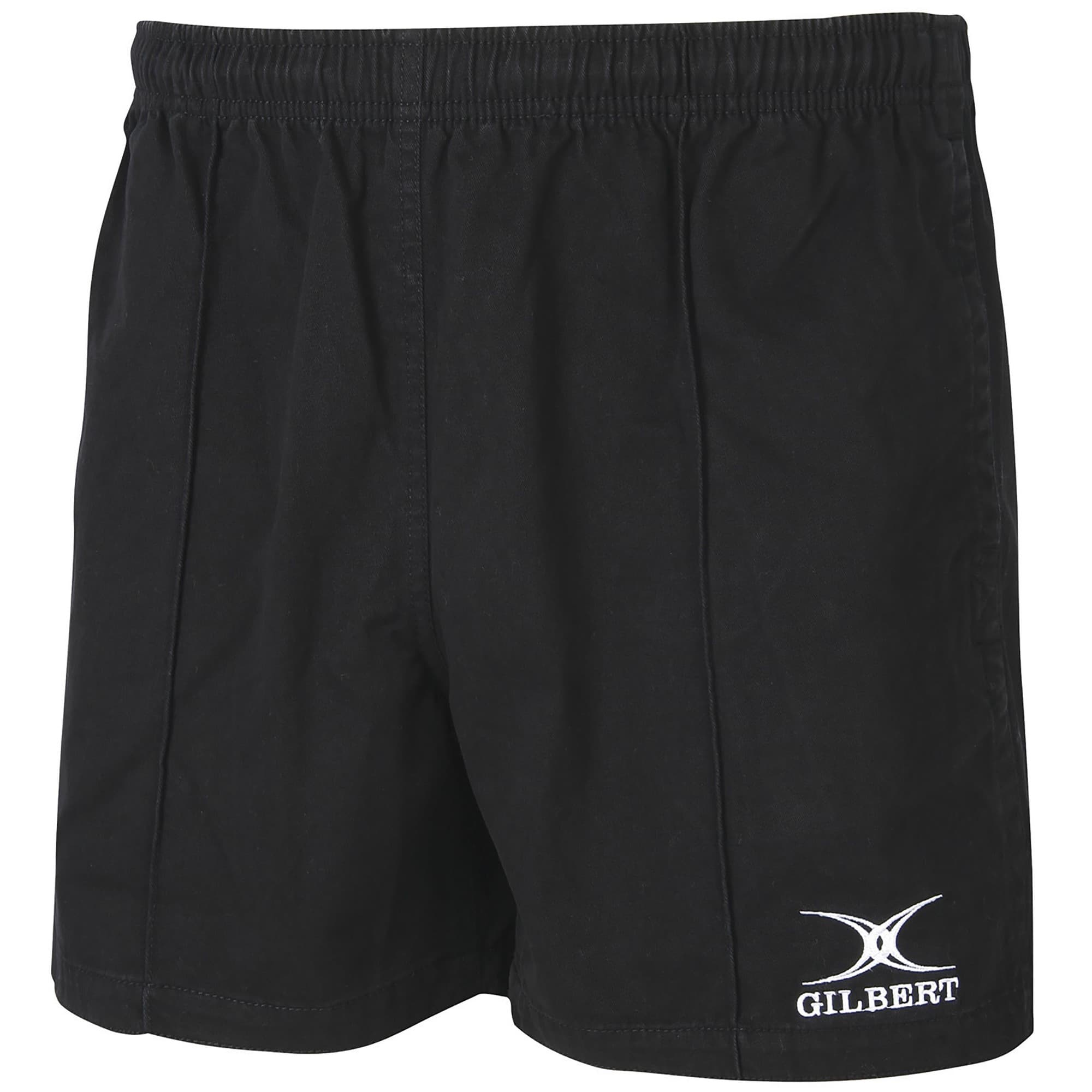 Black rugby shorts made from durable material, featuring an elastic waistband and the Gilbert logo in white on the lower right side.