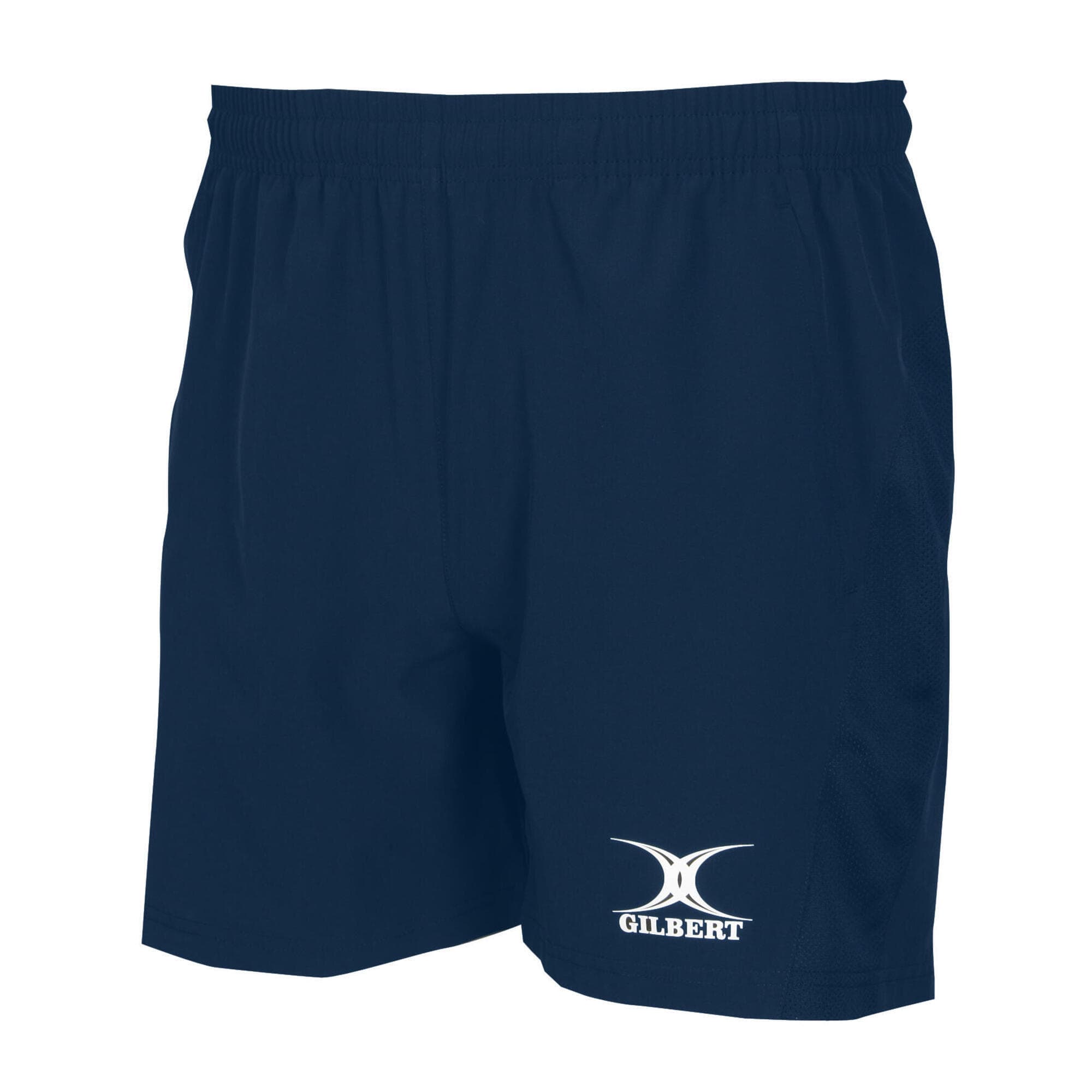 Black leisure shorts for men by Gilbert Rugby, featuring an elastic waistband and the Gilbert logo printed in white on the lower right side.