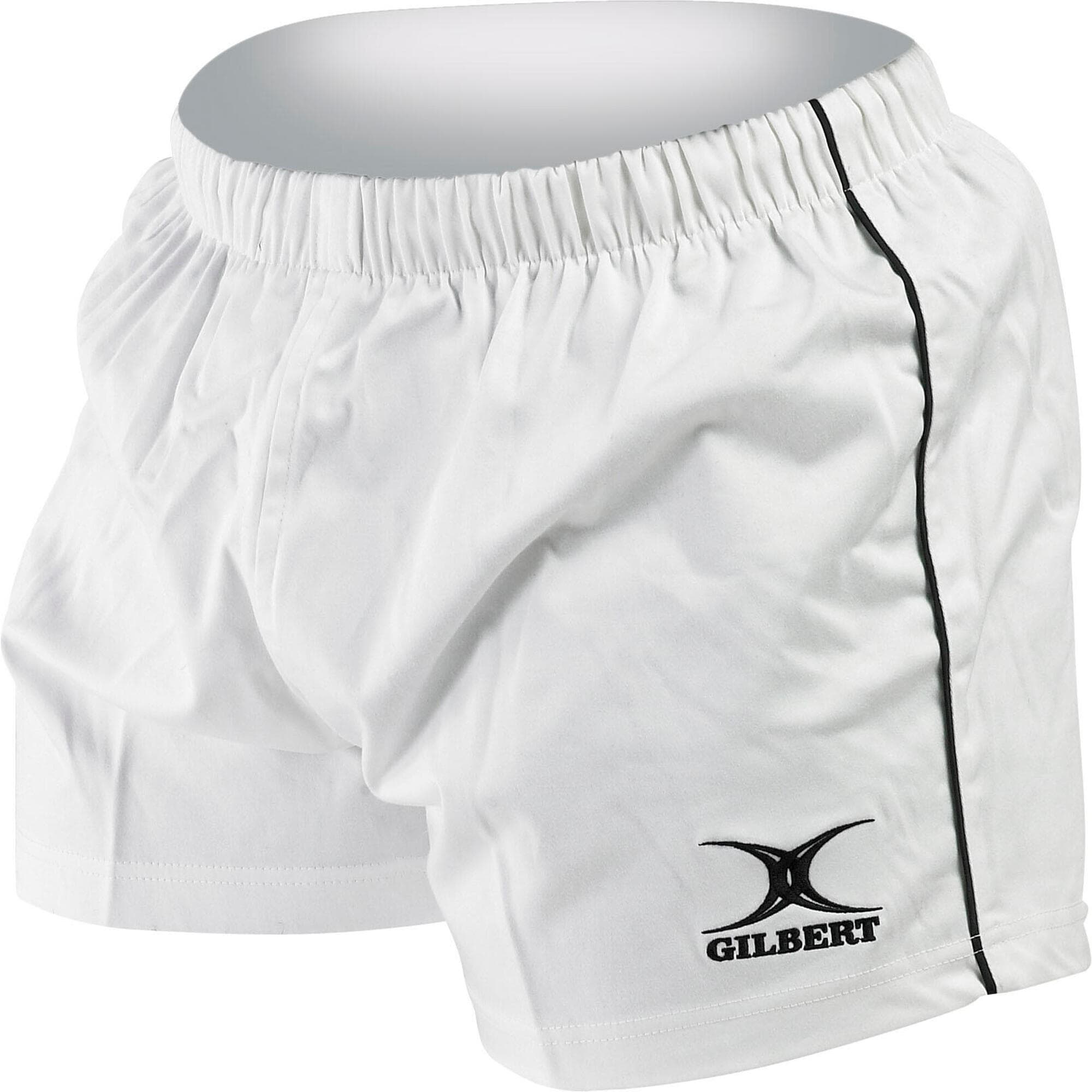 Black rugby shorts made of lightweight material, featuring an elastic waistband and a white side stripe, with the "Gilbert" logo prominently displayed on the left leg.