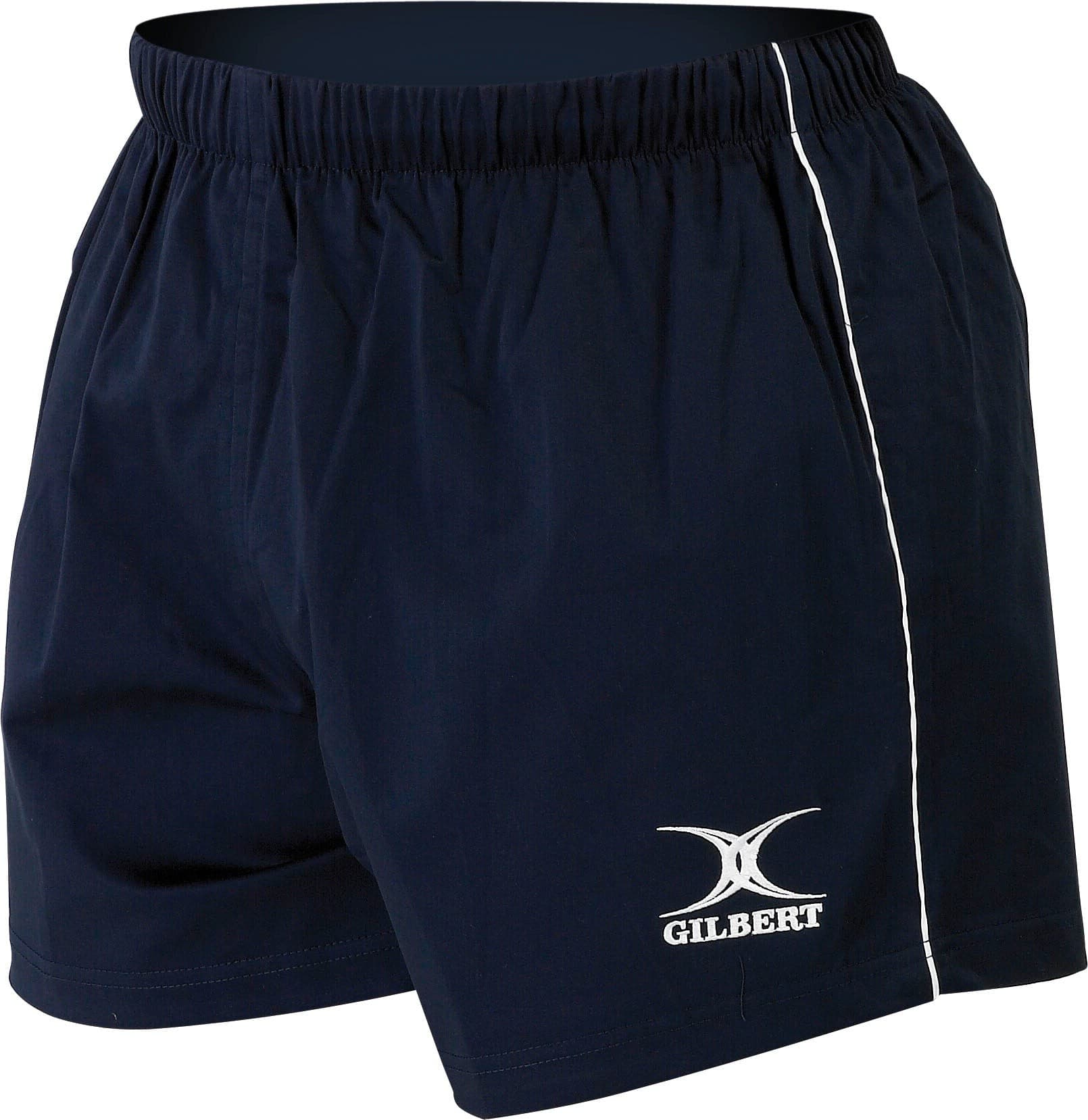Navy rugby shorts by Gilbert Rugby featuring an elastic waistband, white side piping, and the Gilbert logo on the lower left.
