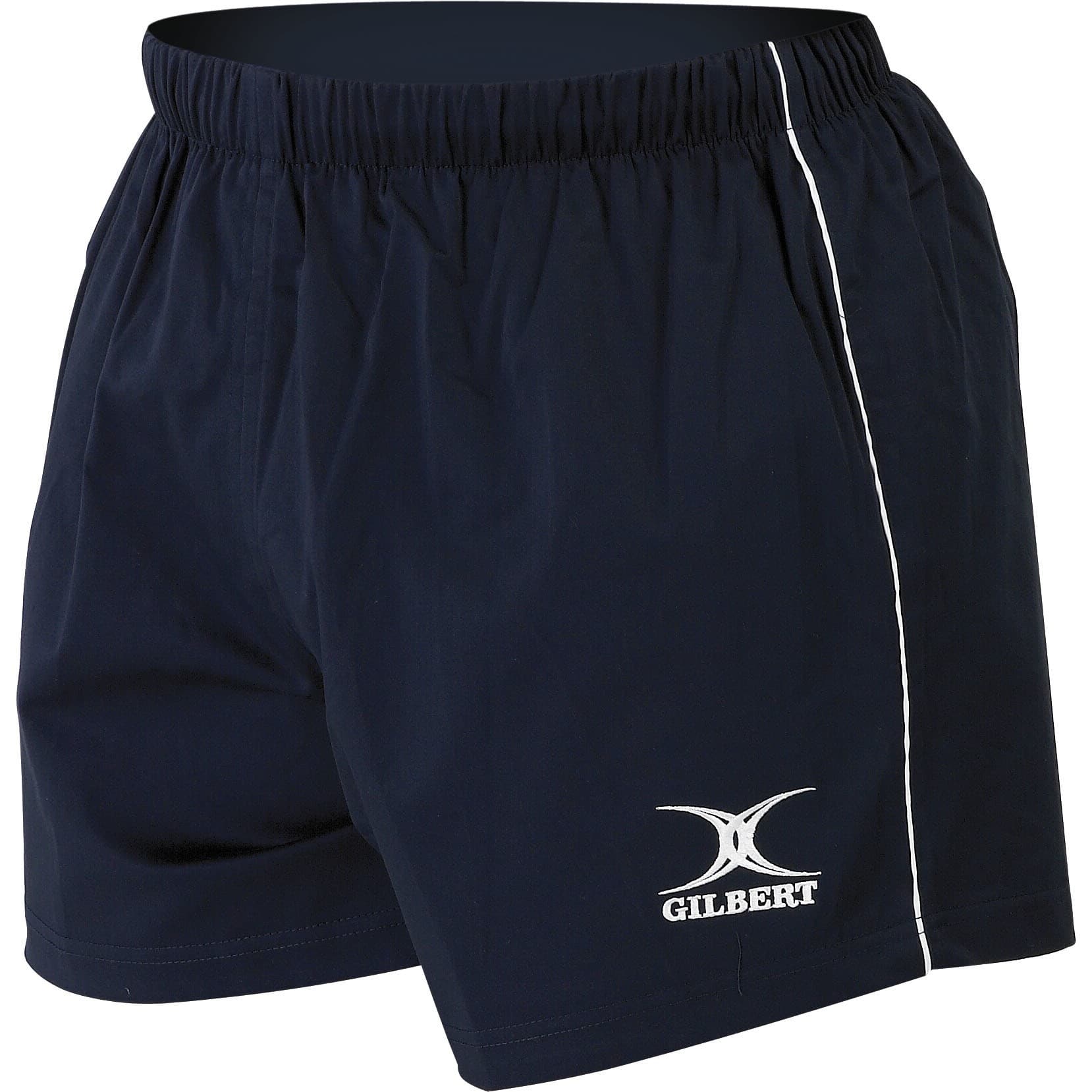 Navy rugby shorts by Gilbert Rugby featuring an elastic waistband, white side piping, and the Gilbert logo on the front.