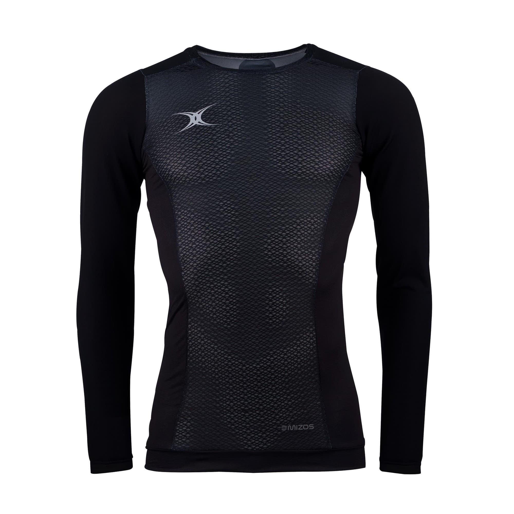 Long sleeve men's baselayer shirt in white by Gilbert Rugby, featuring a textured design and moisture-wicking fabric for enhanced performance.