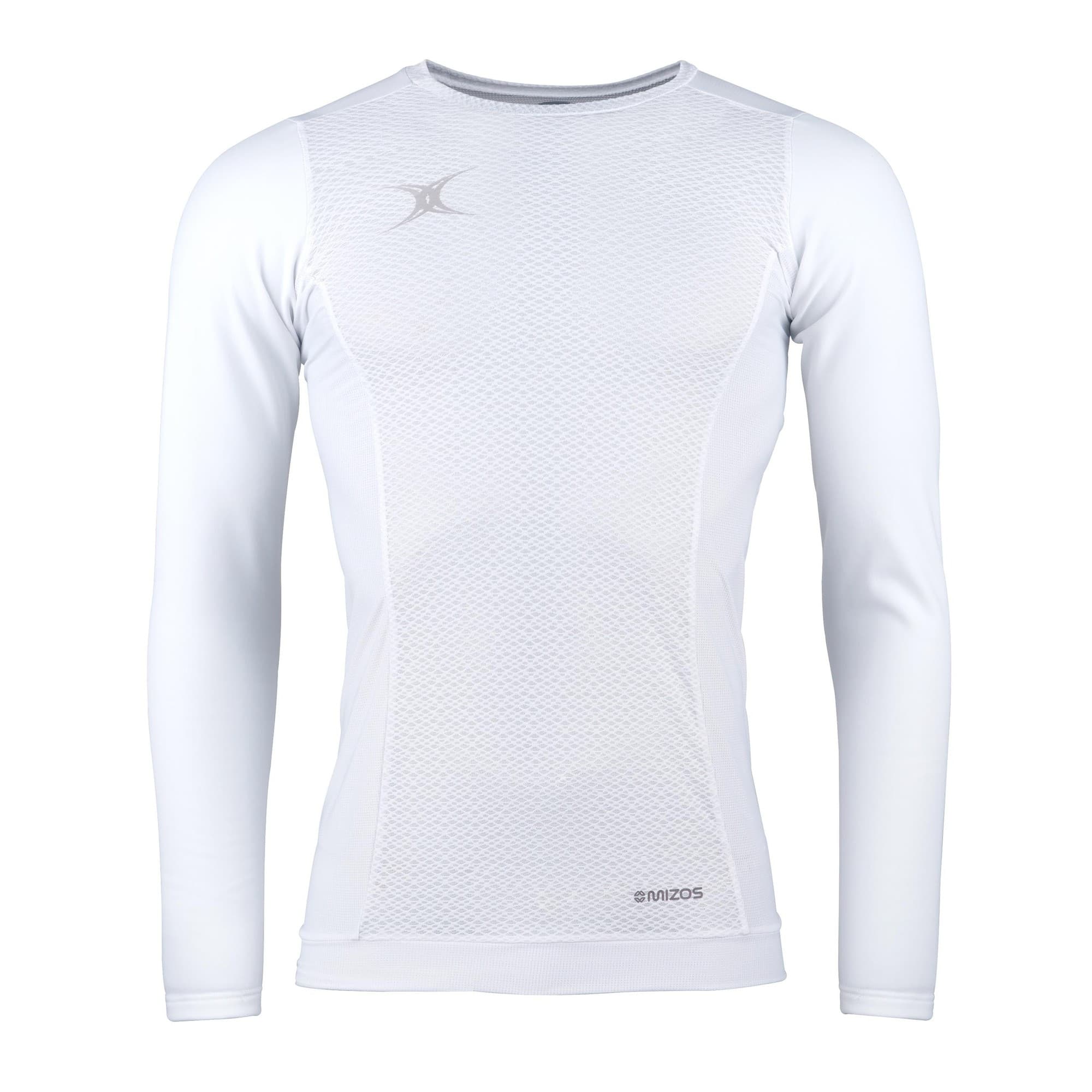 White long sleeve baselayer for men by Gilbert Rugby, featuring a textured mesh design, lightweight material, and a fitted silhouette ideal for athletic performance.