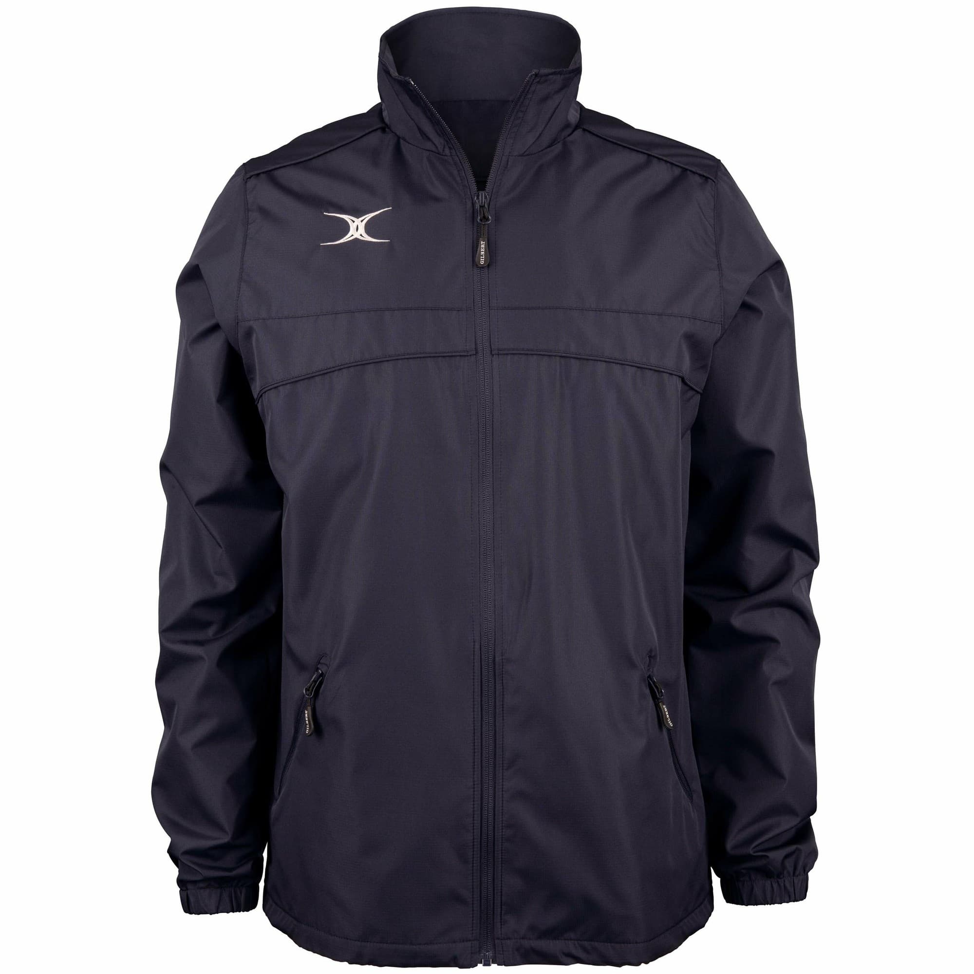 Black full zip jacket by Gilbert Rugby features a high collar, zippered side pockets, and a subtle logo on the chest, made from lightweight, durable material.
