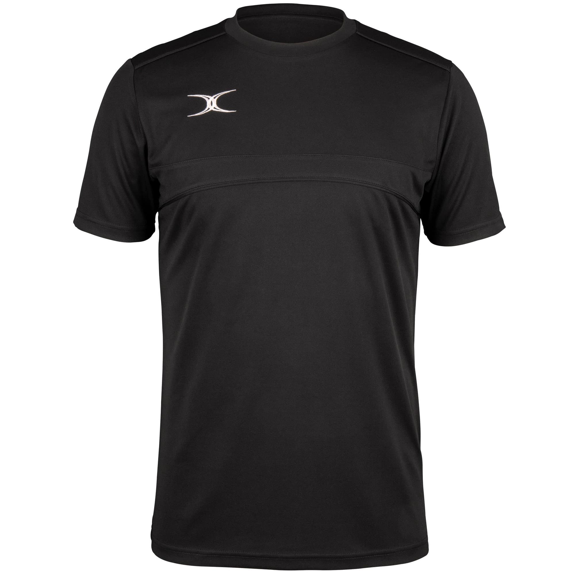 Black men's Gilbert Rugby Photon T-shirt made from lightweight material, featuring a crew neck and a subtle logo on the chest.