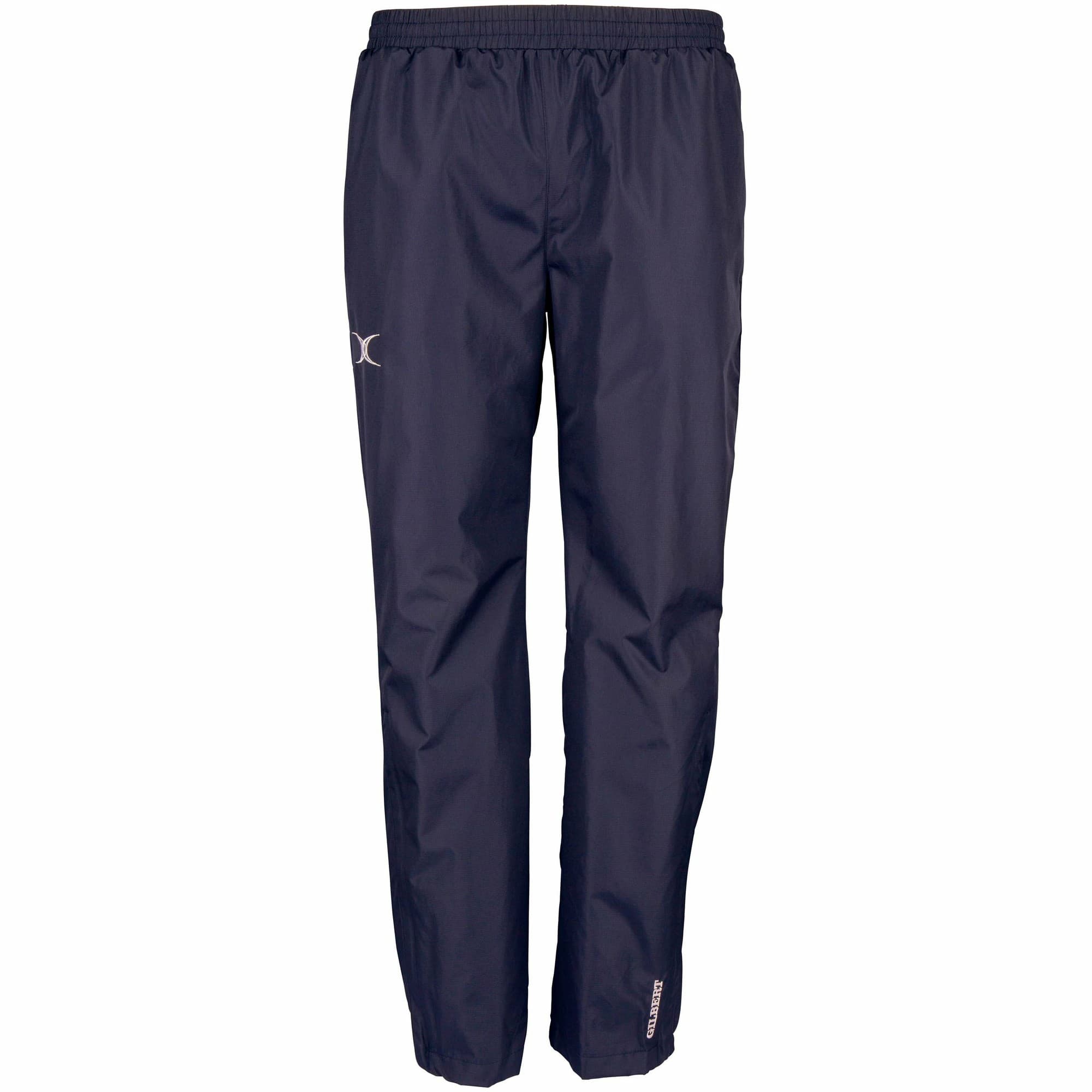 Black training trousers made from lightweight, water-resistant material, featuring an elastic waistband and the Gilbert Rugby logo on the side.