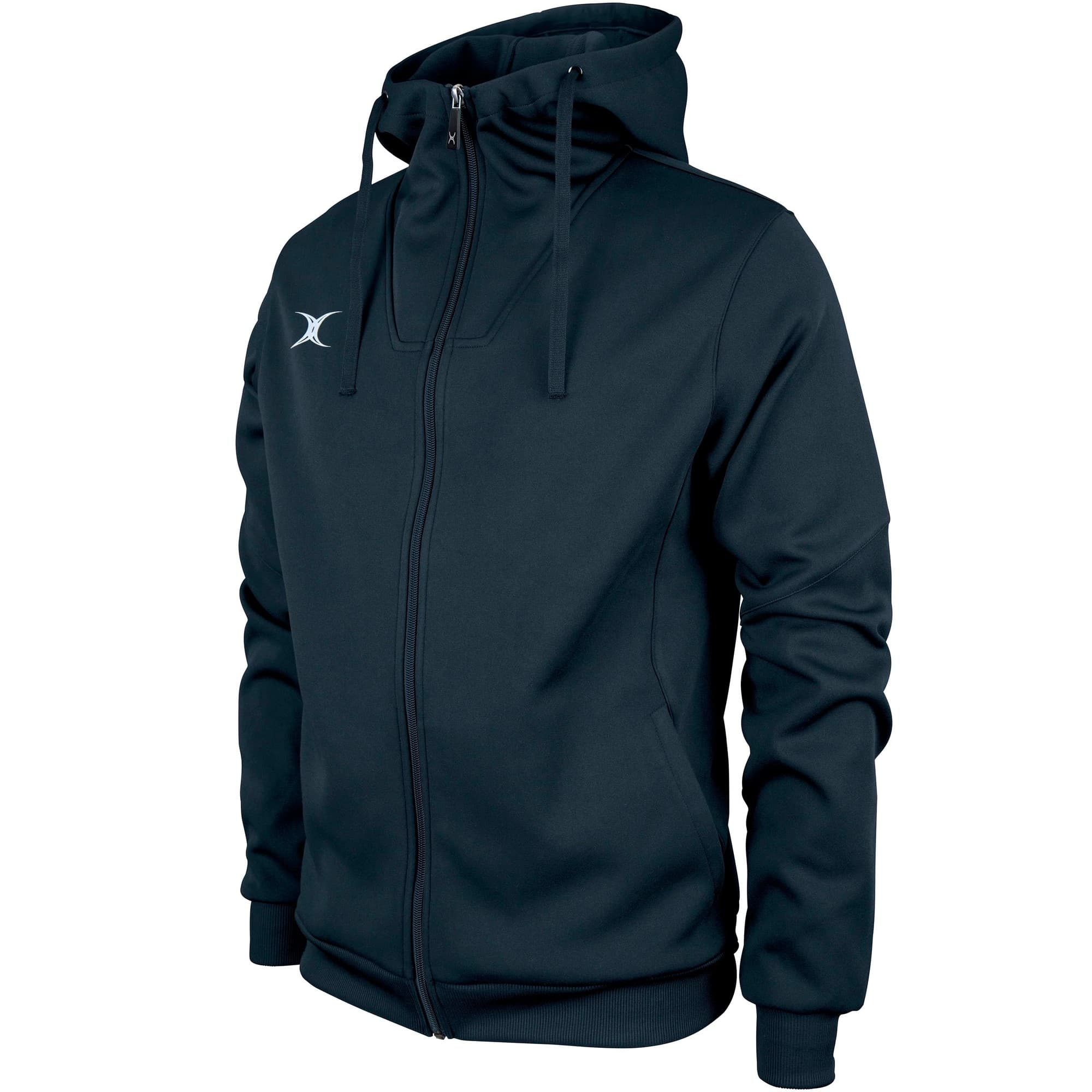 Black full zip hoodie for men by Gilbert Rugby, featuring a sleek design, adjustable drawstring hood, and the brand logo on the chest, made from comfortable, durable material.