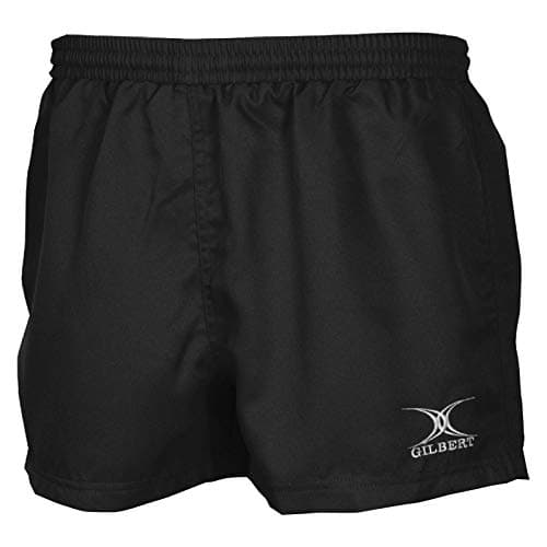 Black rugby match shorts for men by Gilbert Rugby, featuring an elastic waistband and the Gilbert logo embroidered in white on the lower left side.
