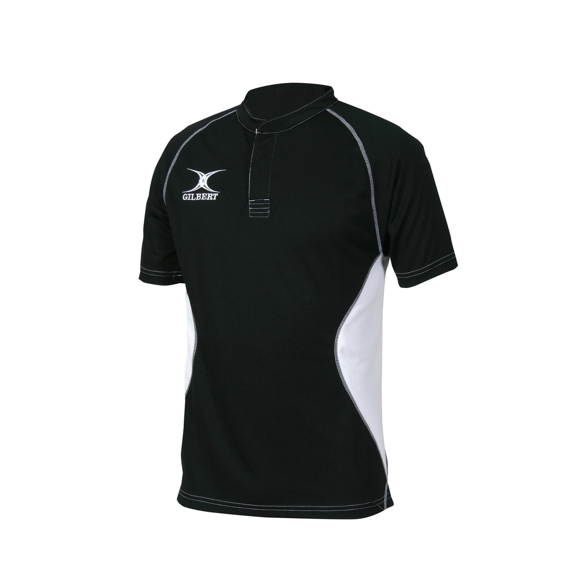 Black and green Gilbert Rugby XACT V2 Match Shirt for seniors, featuring a collared design, white side panels, and the Gilbert logo on the chest.