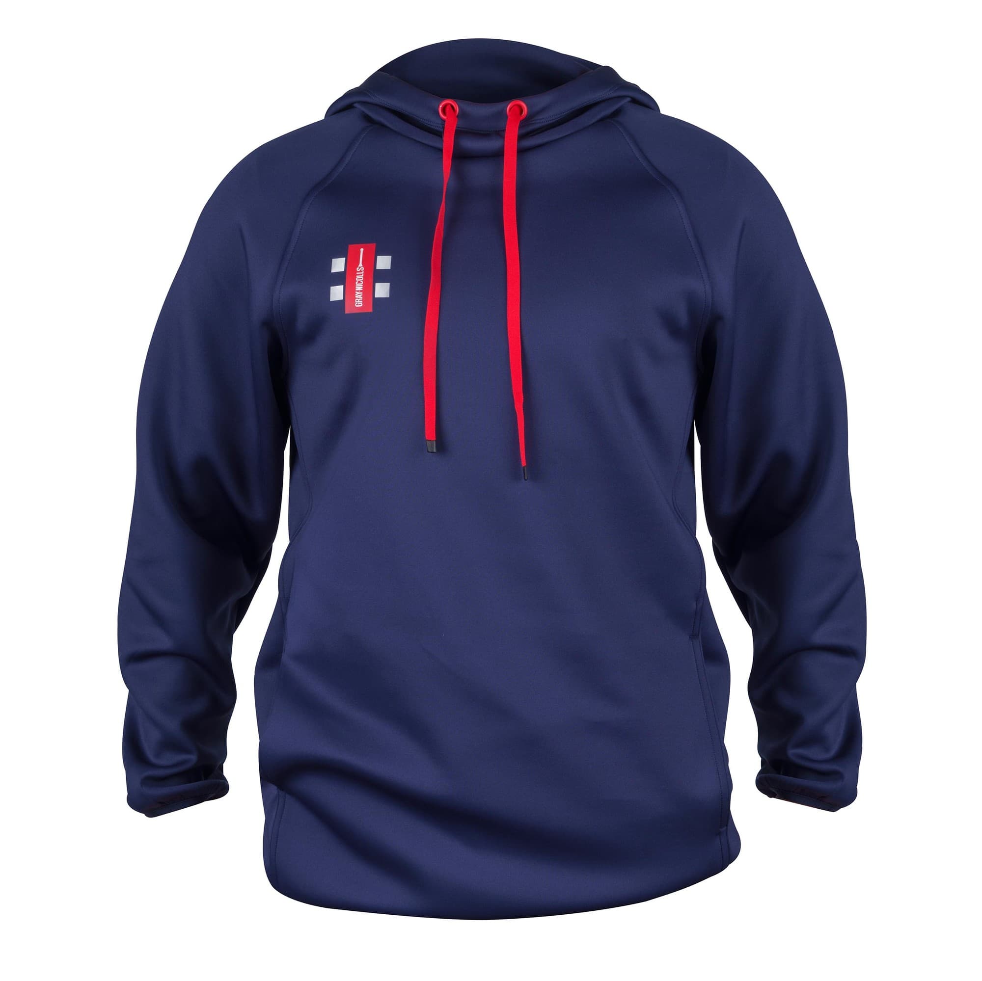 Black Gray-Nicolls Pro Performance V2 Hoodie featuring a hood, red drawstrings, and a small logo on the chest, made from a lightweight, breathable material.