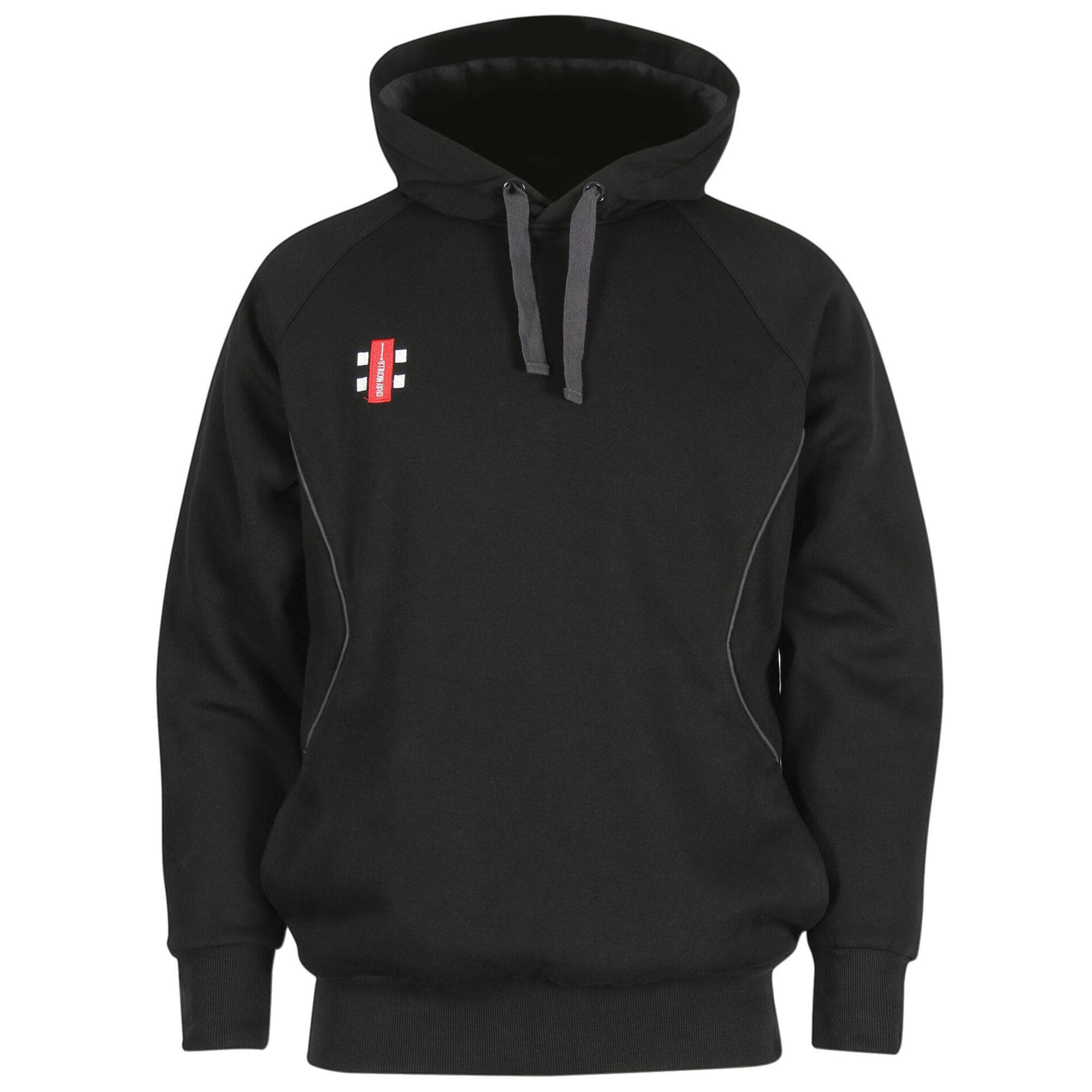 Black Gray-Nicolls Storm Hoodie featuring a drawstring hood, ribbed cuffs, and a logo on the chest, made from a soft, durable material with contrasting gray stitching.