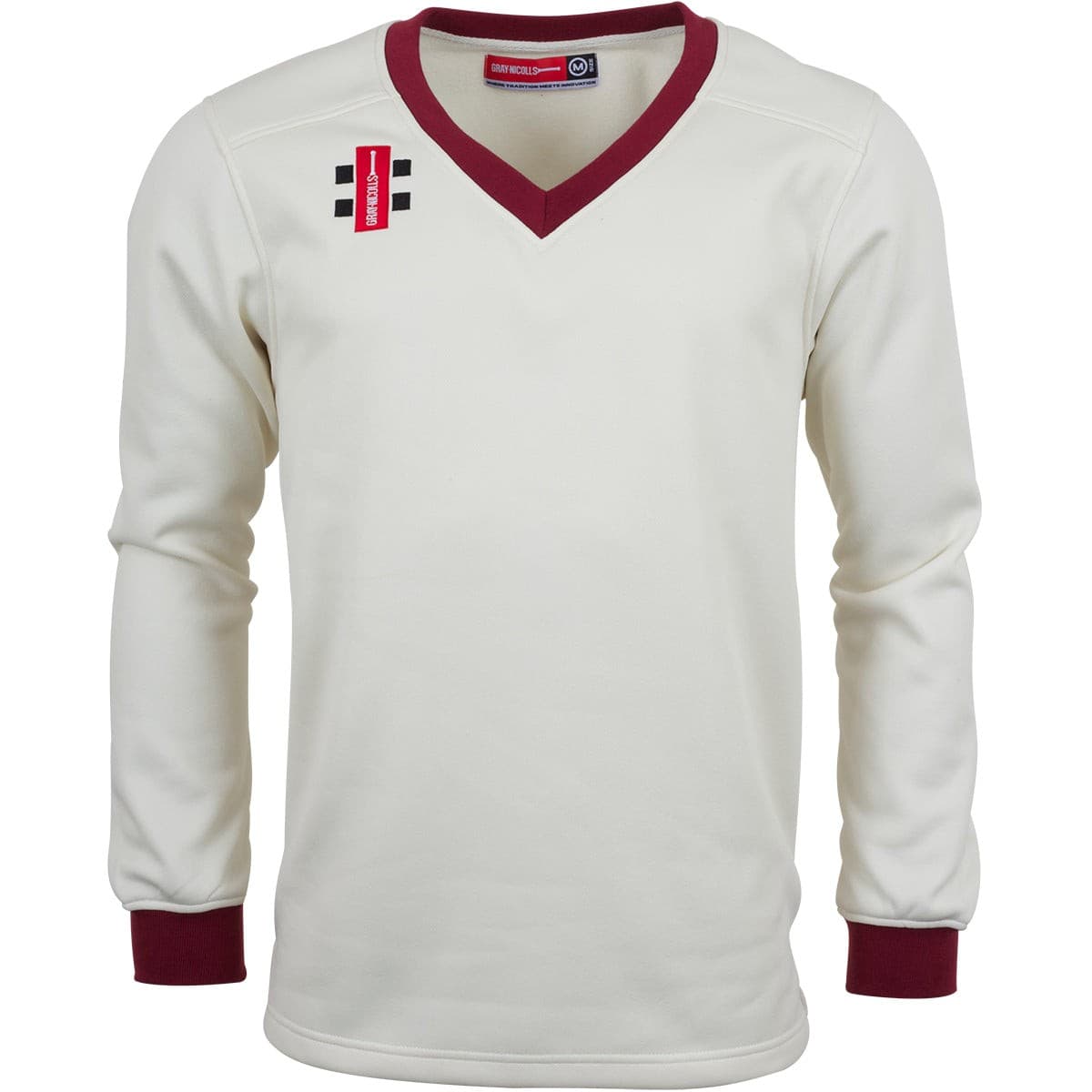Cream-colored sweater with a V-neck, maroon accents on the collar and cuffs, featuring the Gray-Nicolls logo and a small badge on the chest. Made from soft, durable material.