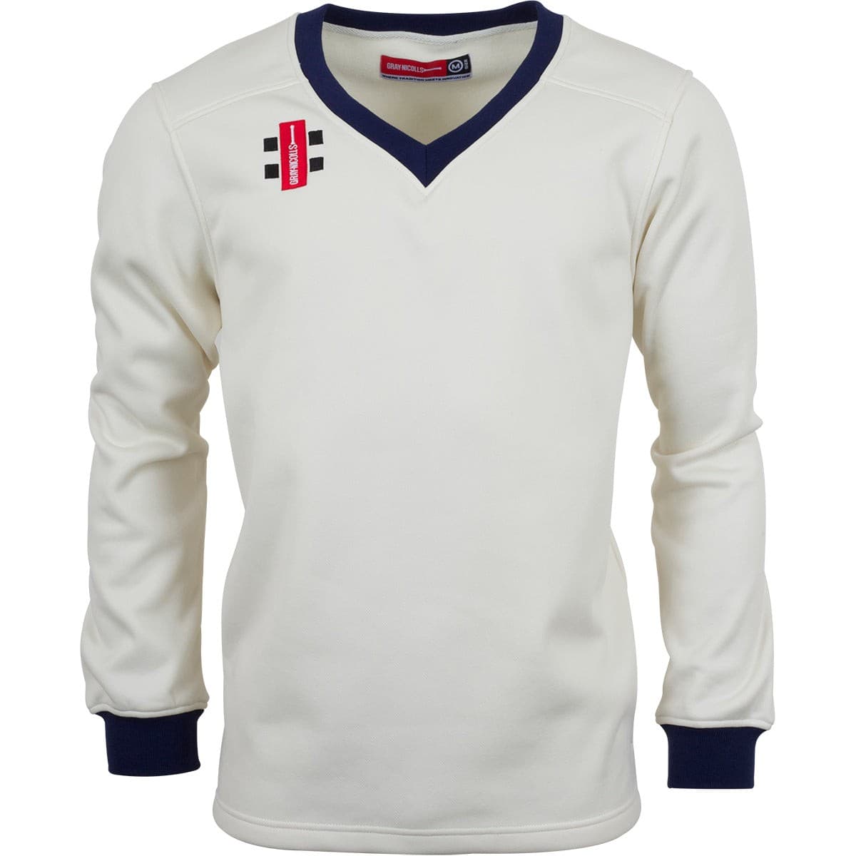Cream-colored sweater with a V-neck, navy blue trim, and long sleeves, featuring a red and white logo on the chest and contrasting navy cuffs.