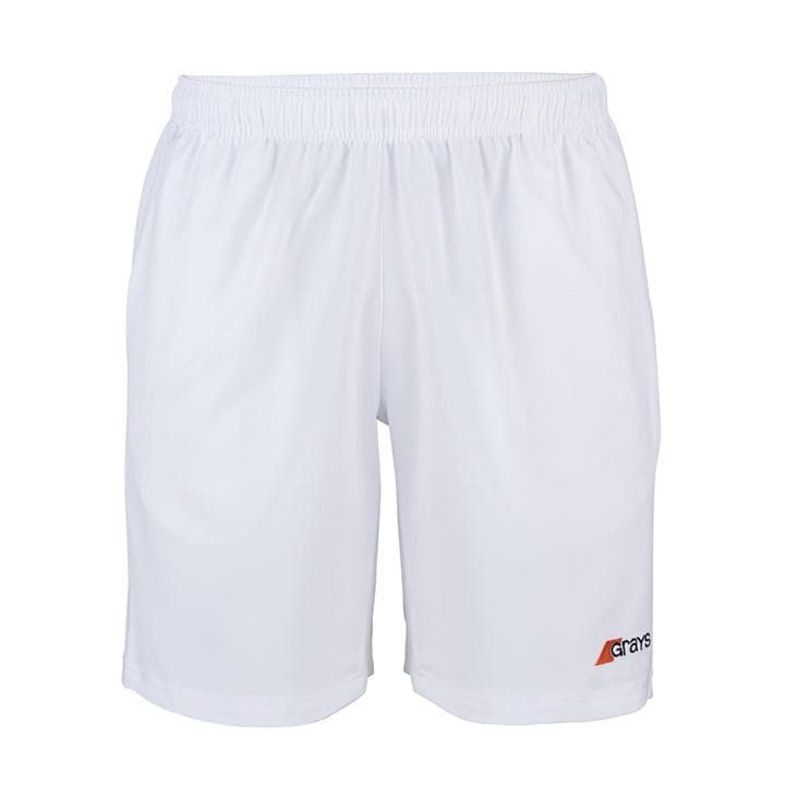 White men's shorts by Grays Hockey, made from lightweight material, featuring an elastic waistband and a small logo on the lower right side.