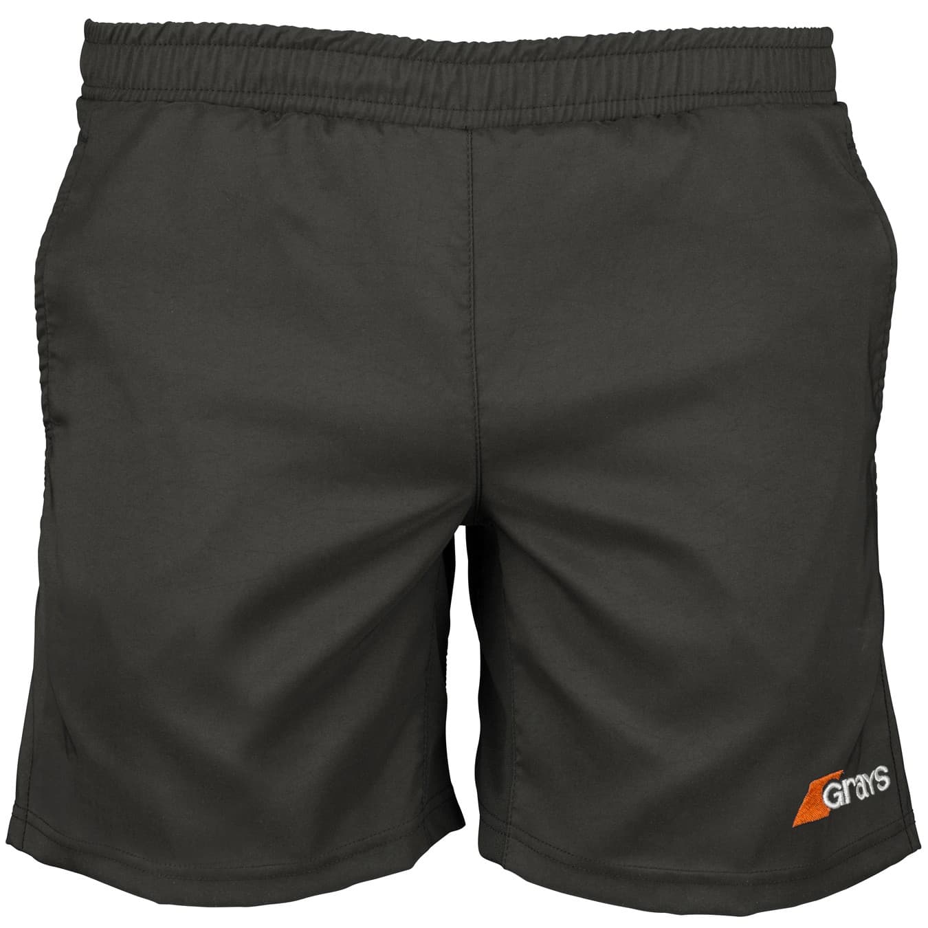 White men's shorts by Grays Hockey, featuring an elastic waistband, lightweight material, and a small orange logo on the lower right side.