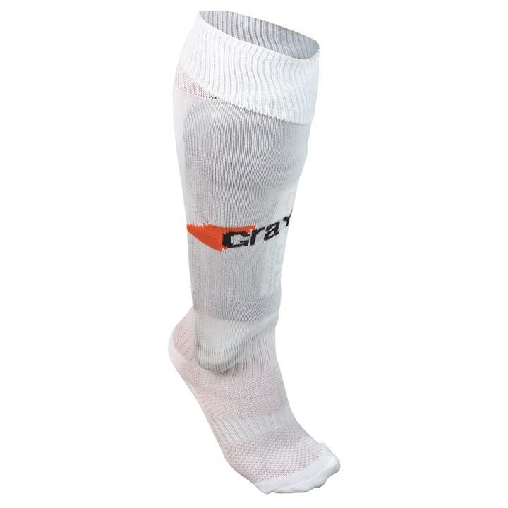 White Grays G550 hockey sock featuring a ribbed design, cushioned footbed, and an orange logo, made from breathable material for comfort and performance.