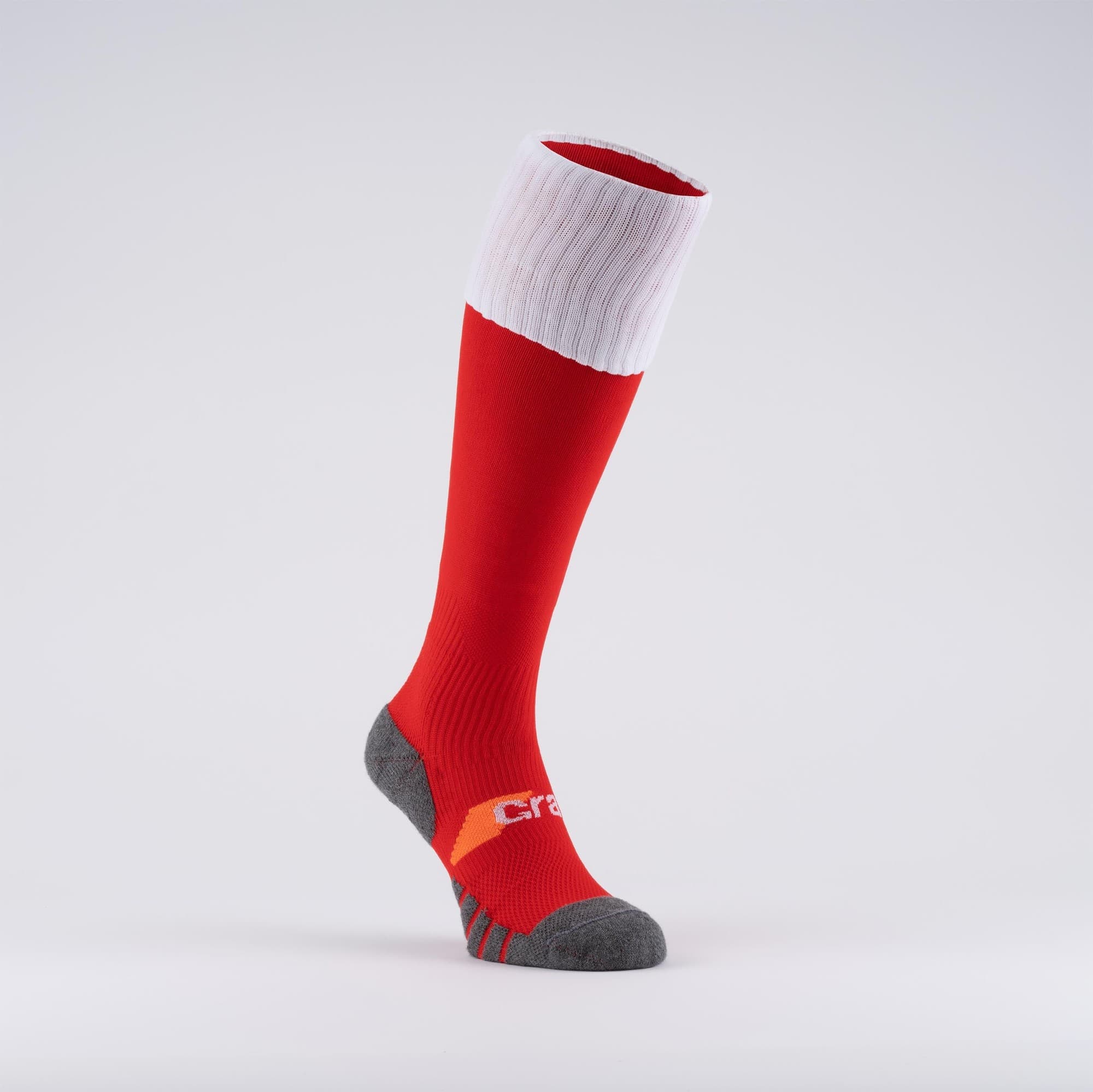 Red knee-high sock with a white ribbed cuff and gray foot, featuring the Grays logo in orange on the side, designed for hockey performance.