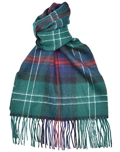 Lambswool scarf featuring the Scottish Sutherland Old Modern Tartan pattern in green, blue, and red, with white stripes and fringed ends.