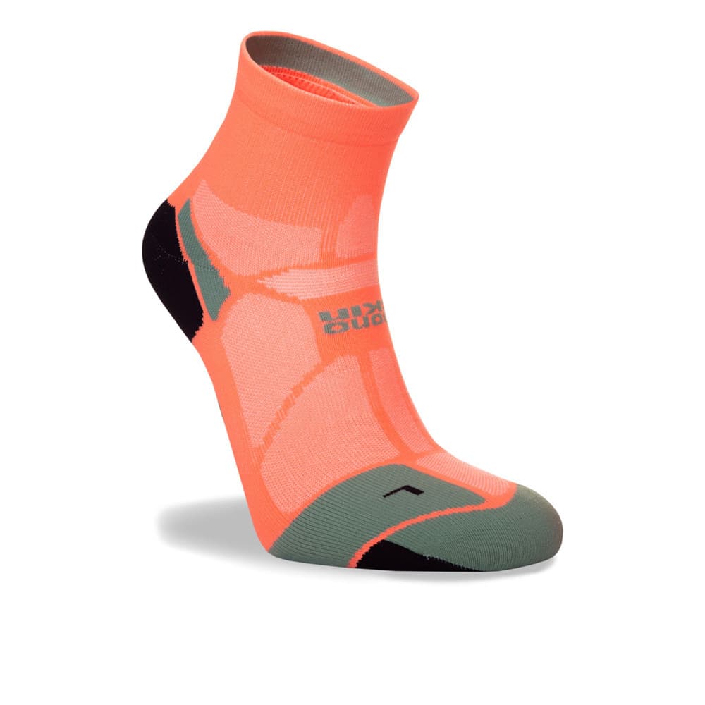 Neon candy and sage ankle sock featuring a snug fit, breathable material, and a cushioned sole, designed for marathon runners.
