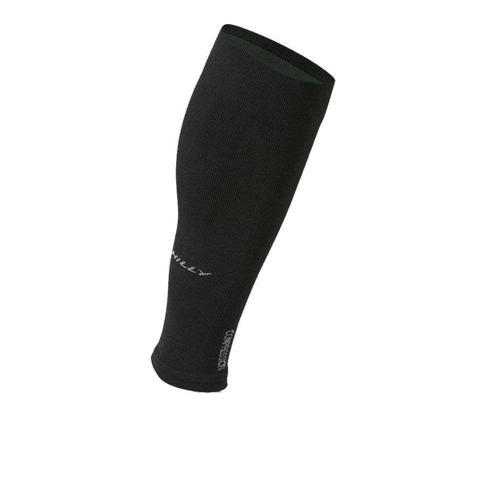 Black compression sleeve made of stretchy material, designed for the calf, featuring the Hilly logo in white near the bottom and a snug fit for support during physical activities.