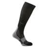 Black compression sock with gray accents, featuring a knee-high design, breathable material, and targeted support zones for enhanced comfort and performance.