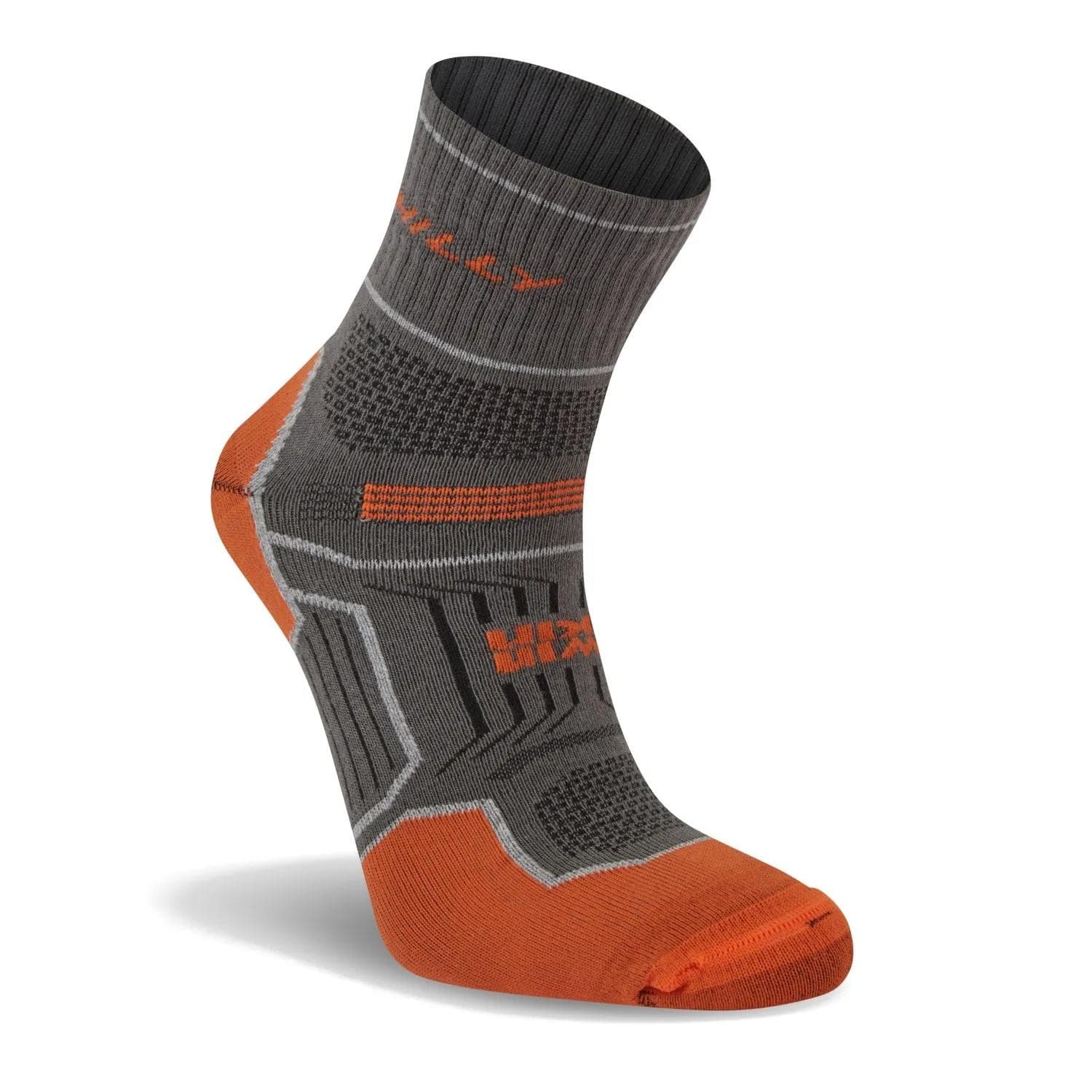 Grey and orange ankle sock with a medium fit, featuring a breathable mesh design, cushioned sole, and reinforced toe for comfort during active wear.