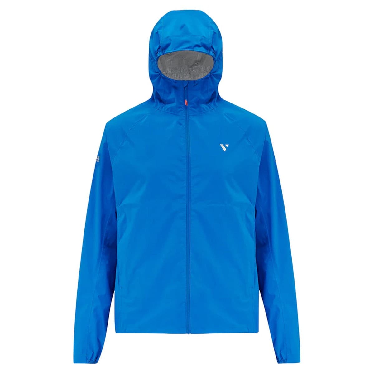 Ultralite men's running jacket in vibrant blue, featuring a hood, zip closure, and reflective detailing, made from lightweight, water-resistant material, size XL.