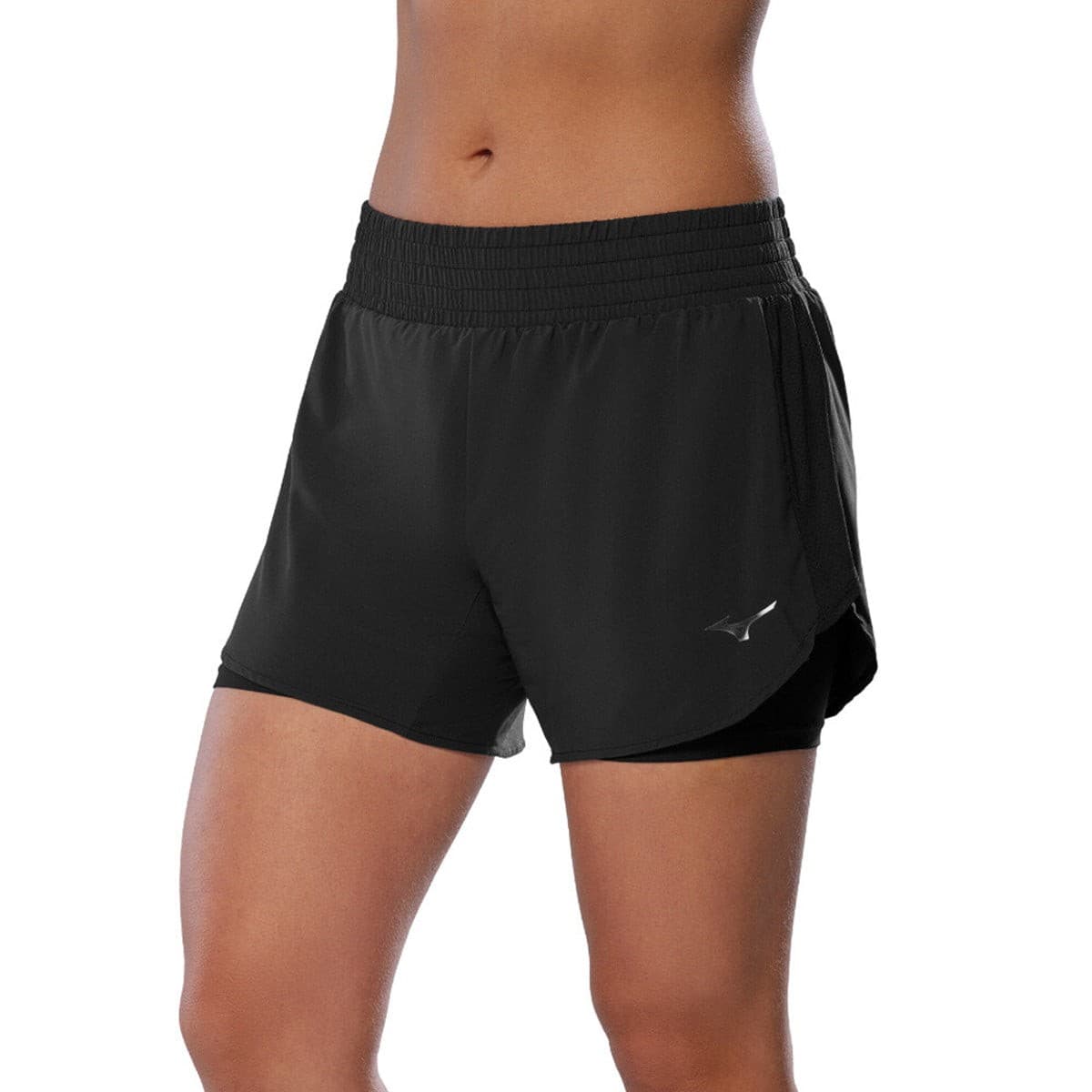 Mizuno women's 2-in-1 running shorts in black, featuring a lightweight design, elastic waistband, and a subtle logo on the side, size XS.
