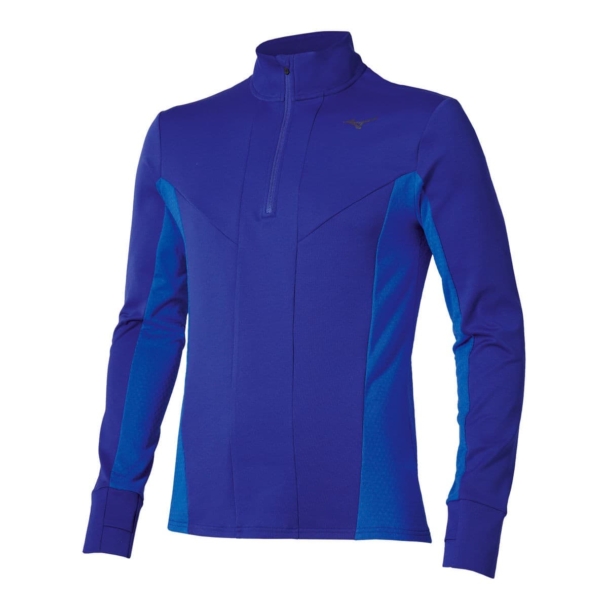 Mizuno Active Warmalite 1/2 Zip long sleeve shirt in sodalite blue, featuring a high collar, zippered front, and contrasting blue side panels.