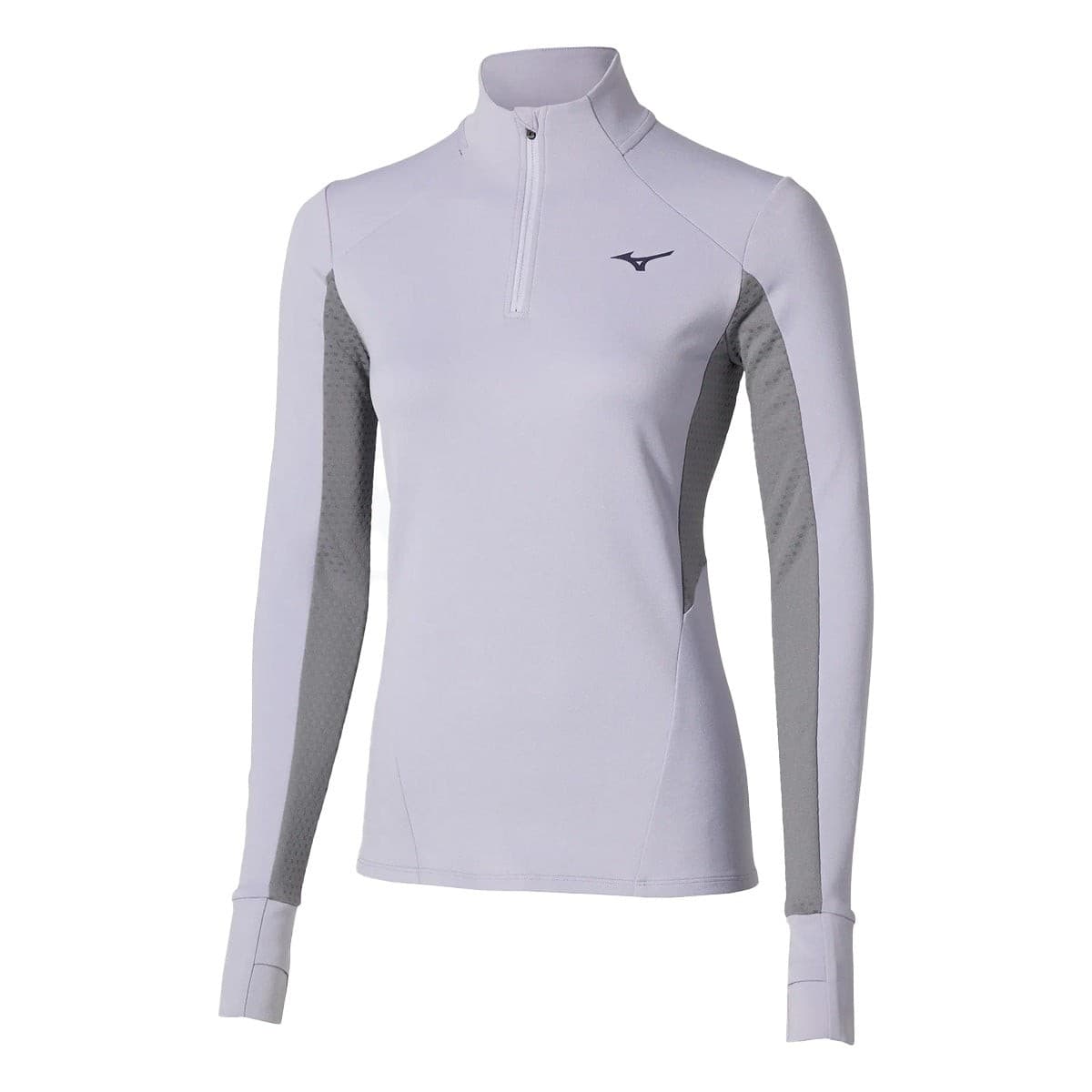 Icelandic blue Mizuno Active Warmalite 1/2 zip long sleeve women's top in XS, featuring a sleek design, soft material, and contrasting gray side panels.