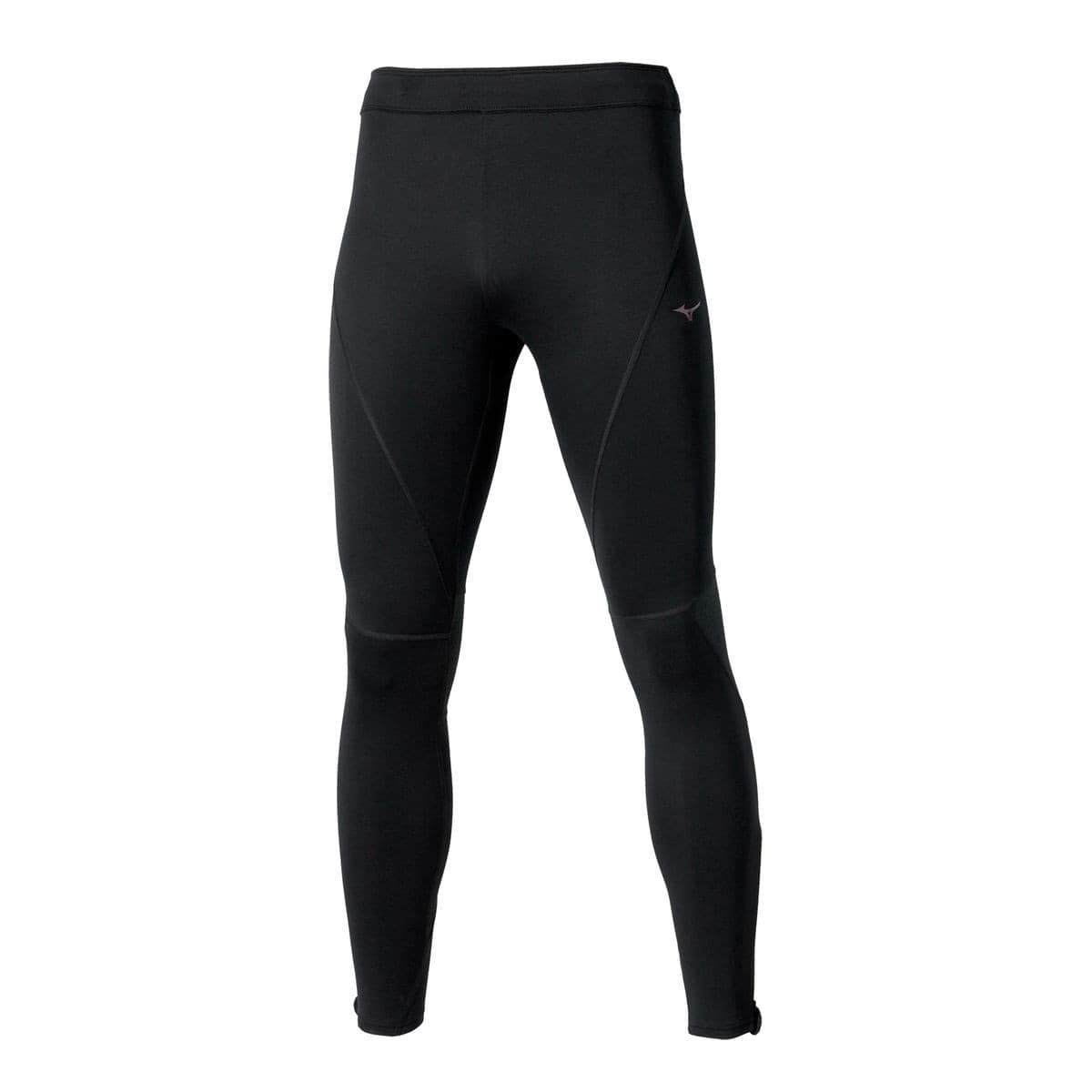 Mizuno Active Warmalite long tights for men in black, featuring a snug fit, stretchy material, and subtle pink logo on the side, ideal for active wear.